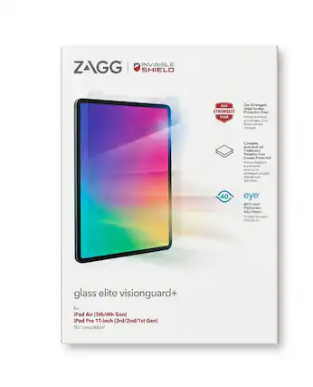 INVISIBLE ZAGG SHIELD
Our Strongest Glass Screen Protection Ever
Notre meilleur protecteur d'écran jamais conçu
Contains Anti-All Treatment
Protects Your Screen
Notre meilleur traitement antimicrobien protecteur d'écran
40 eye
4011-inch Pileatment
423 Filtres
Protect protect d'écran
glass elite visionguard+
for: iPad Air (5th/4th Gen) iPad Pro 11-inch (3rd/2nd/1st Gen)
5G compatible*