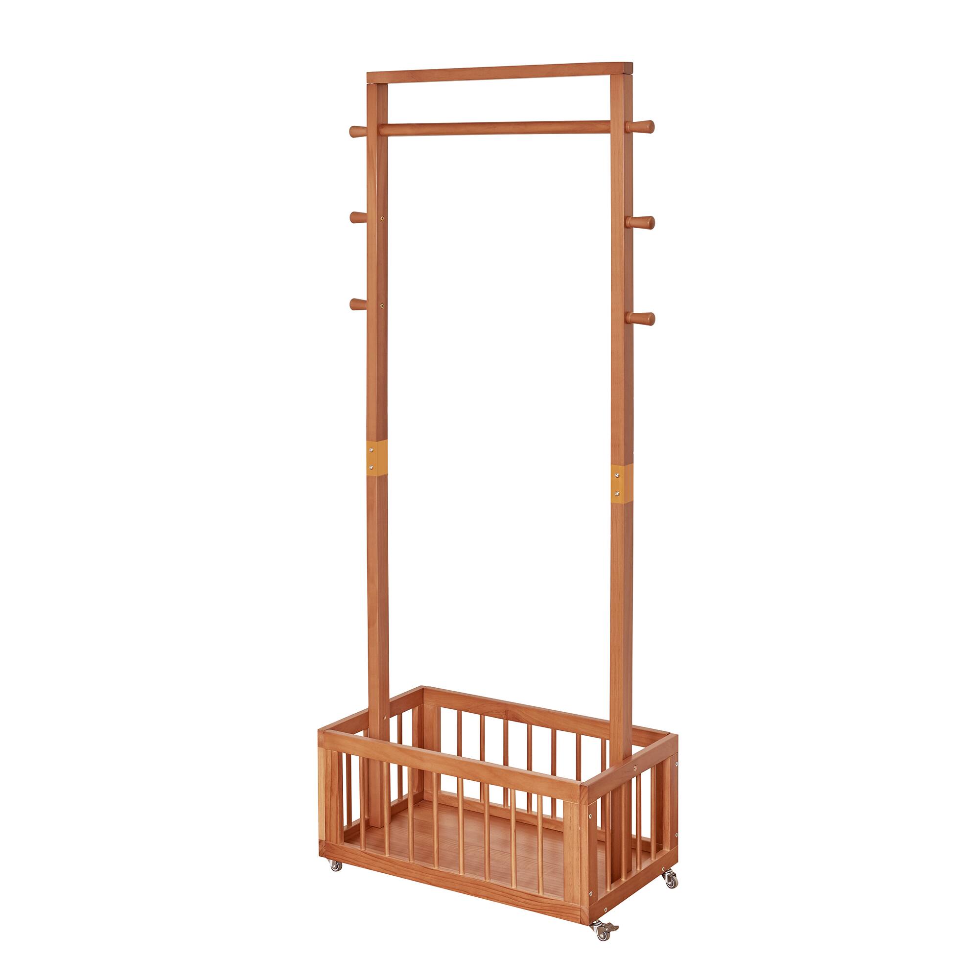 Alt View 3. MERAVOM - Solid Wood Freestanding Coat Rack with Rolling Wheels & Storage Basket, Clothes Hanger Stand with Side Hooks for Bedroom - Cherry.