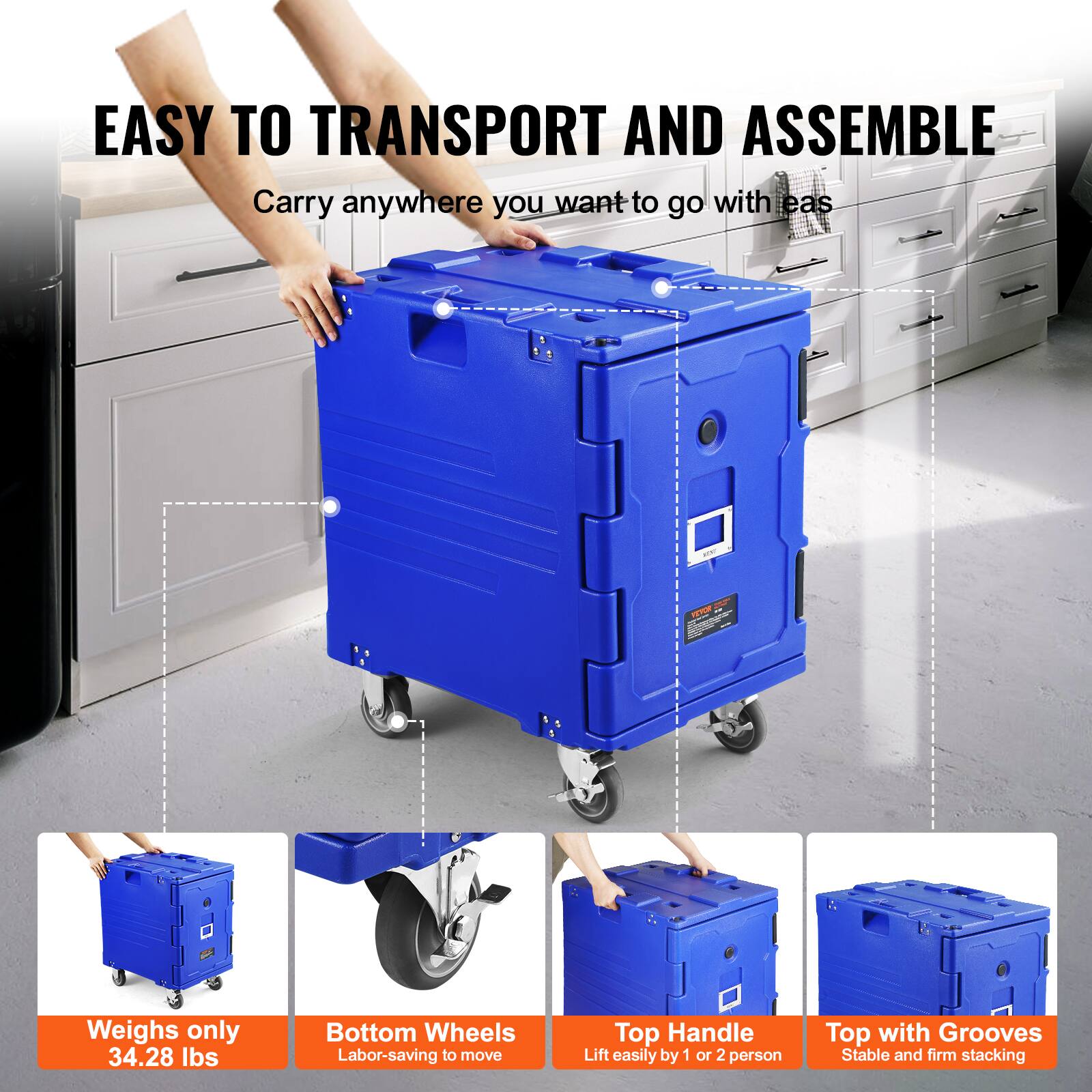 EASY TO TRANSPORT AND ASSEMBLE
Carry anywhere you want to go with ease
Weighs only 34.28 lbs
Bottom Wheels Labor-saving to move
Top Handle Lift easily by 1 or 2 person
Top with Grooves Stable and firm stacking