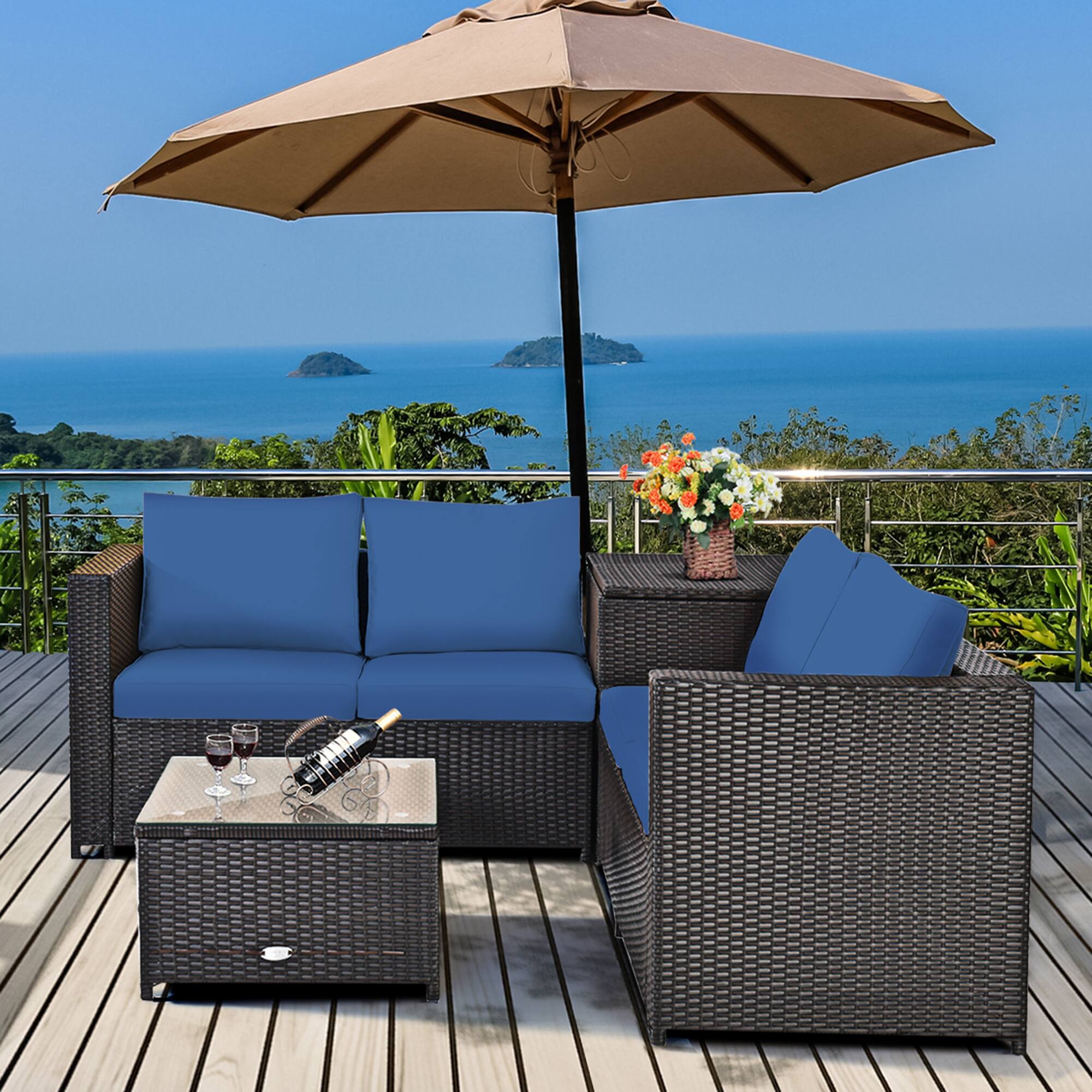 Alt View 4. Gymax - Gymax 8PCS Cushioned Rattan Patio Conversation Set w/ Side Table Navy Cushion - Brown.