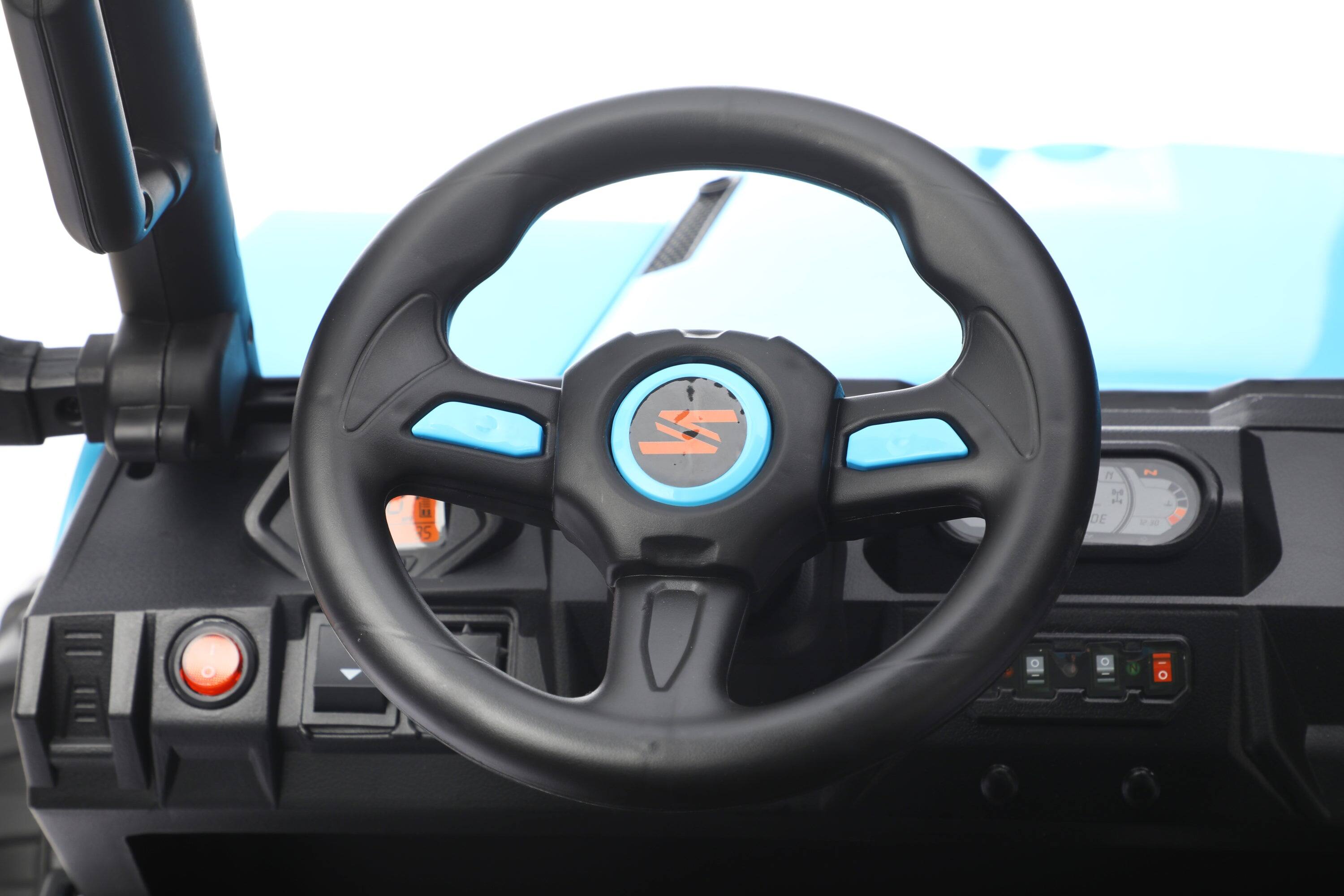 Left. BreeBe - 24V Kids 2-Seater Golf Cart, 4WD, Remote Control, Sun Shade, Storage Trunk, LED Lights, Sounds, Bluetooth, Age 3+, Blue - Blue.