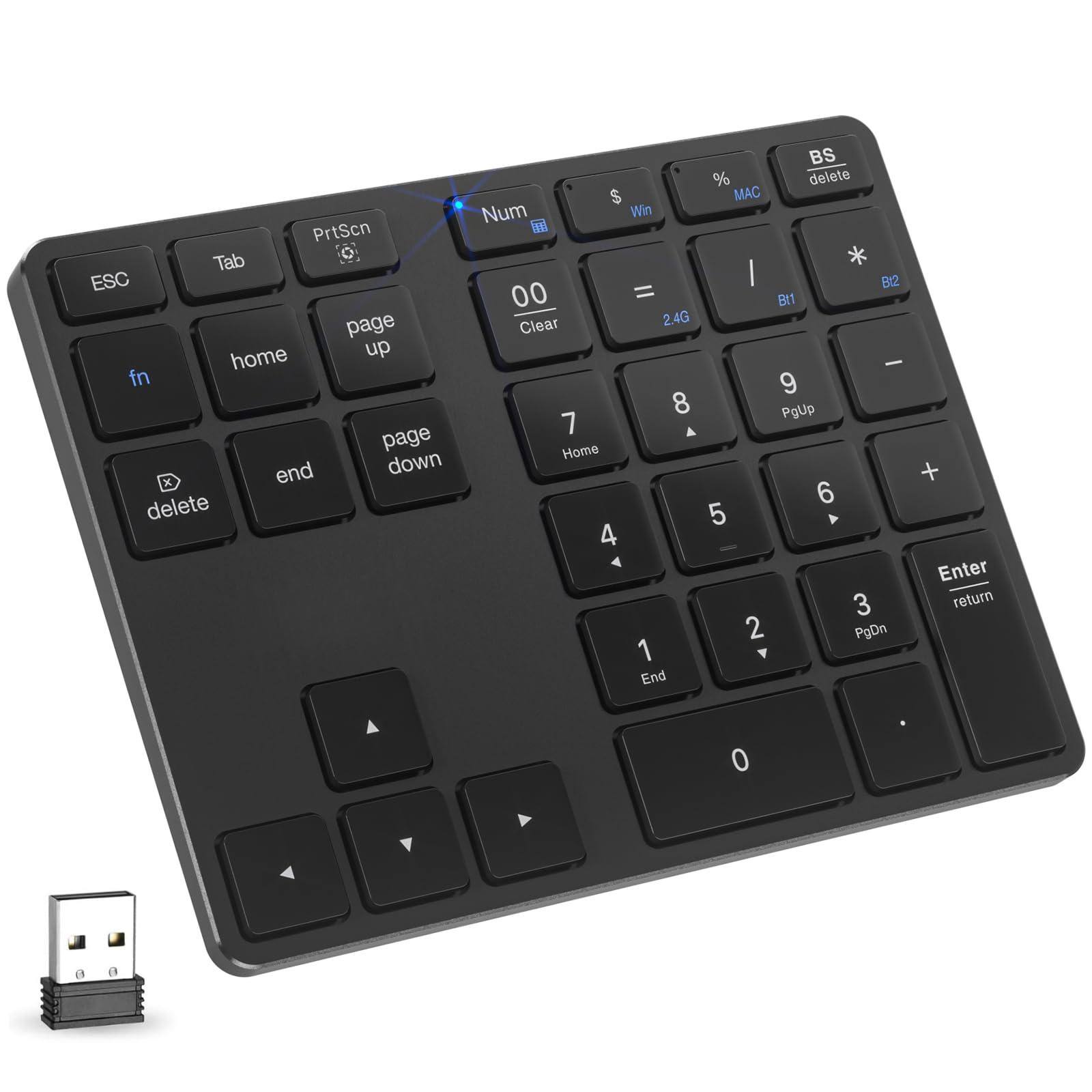 Here is the corrected and grouped text from the image:
**Top Row:**
- ESC
- Tab
- PrtScn
- Num
- 00
- Clear
- 2.4G
- BS delete
- Win
- MAC
- B1
- B2
**Second Row:**
- fn
- home
- page up
- 7
- Home
- 8
- 9
- PgUp
**Third Row:**
- delete
- end
- page down
- 4
- 5
- 6
- +
**Fourth Row:**
- 1
- 2
- 3
- PgDn
- Enter return
**Bottom Row:**
- 0
- .
**Additional:**
- $ (above 4)
- % (above 5)
- / (above 6)
- * (above 7)
- - (above 8)
- + (above 9)
- . (above 0)
**Other:**
- Num Lock
- Clear (next to 00)
- Page Up (PgUp)
- Page Down (PgDn)
- Home
- End