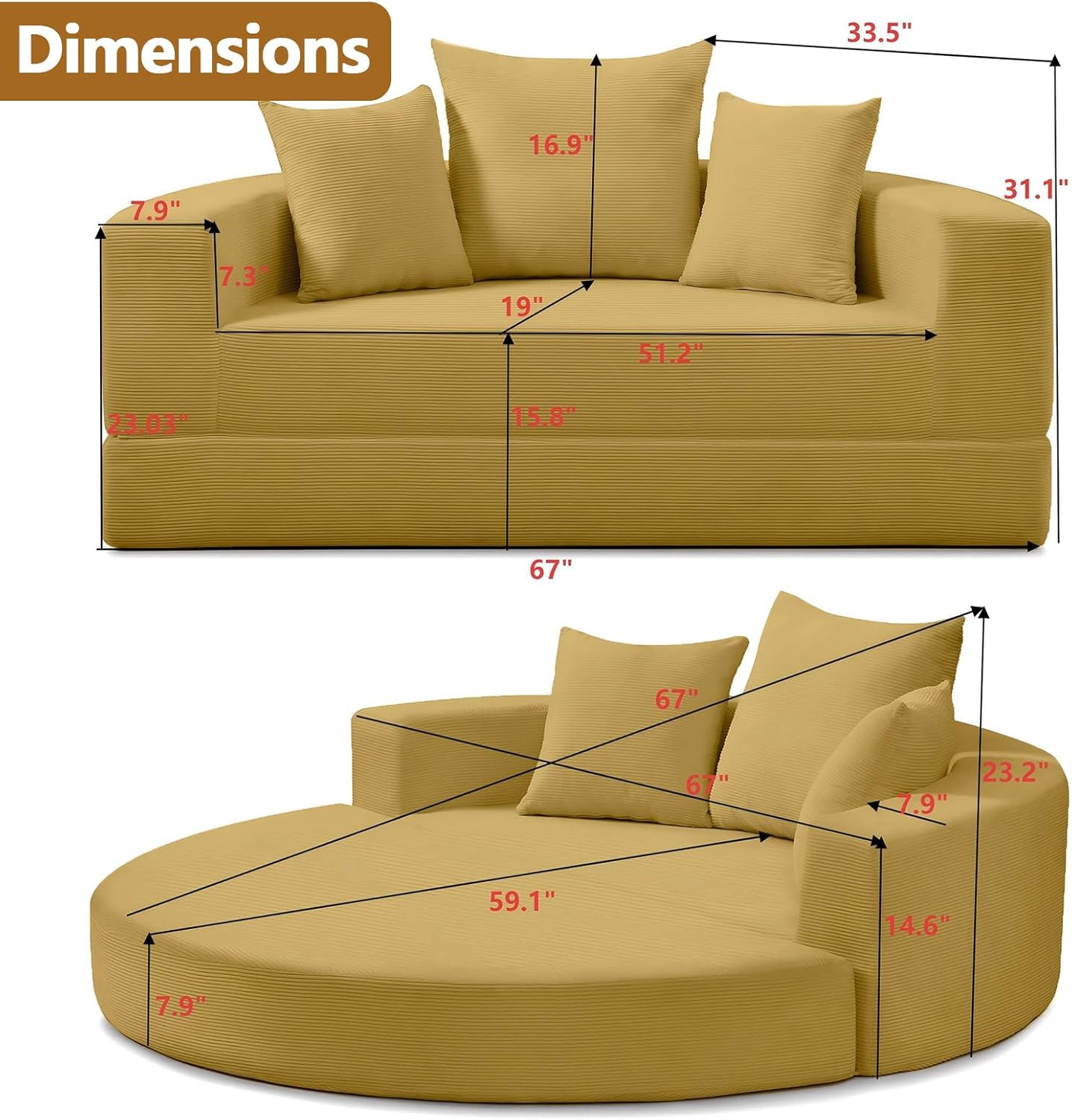 Dimensions: 33.5" x 7.9" x 16.9" x 31.1" x 7.3" x 19" x 51.2" x 23.03" x 15.8" x 67" x 67" x 67" x 7.9" x 23.2" x 59.1" x 14.6" x 7.9"