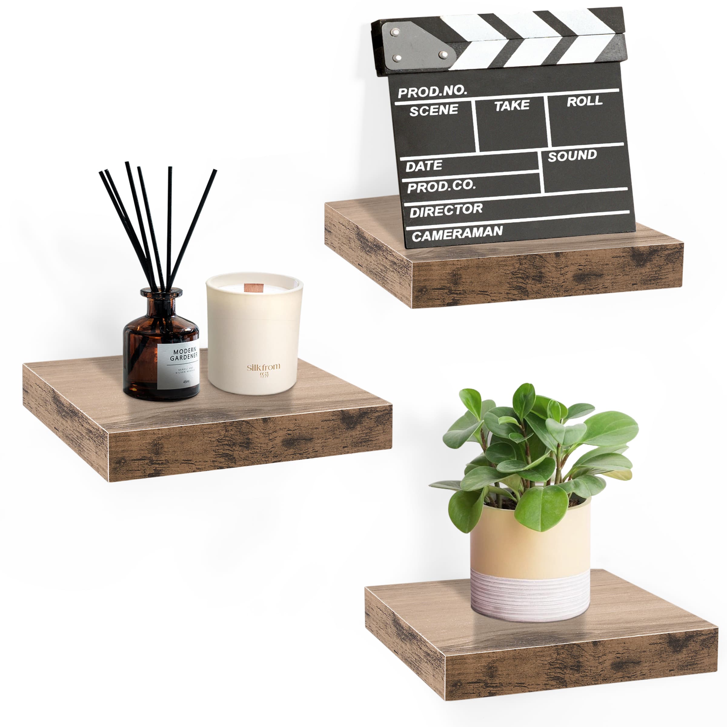 Set of 3 (9") Sorbus Square Floating Shelves with Mounting Brackets - Living Room, Bedroom, Bathroom, Home & Kitchen - Mahogany
