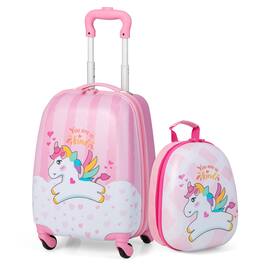 Costway - 2PC Kids Carry On Luggage Set 12'' Backpack and 16'' Rolling Suitcase for Travel - Pink/White