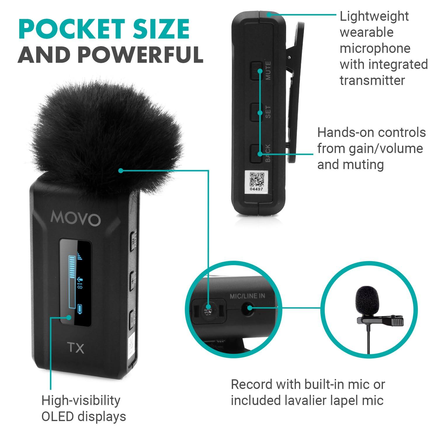 POCKET SIZE AND POWERFUL

- Lightweight wearable microphone with integrated transmitter
- Hands-on controls from gain/volume and muting
- High-visibility OLED displays
- Record with built-in mic or included lavalier lapel mic