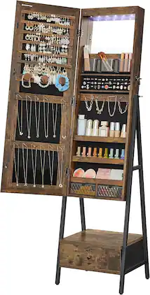 Songmics Home - SONGMICS LED Standing Jewelry Armoire – Lockable with Full-Length Mirror, Finish - Rustic Brown