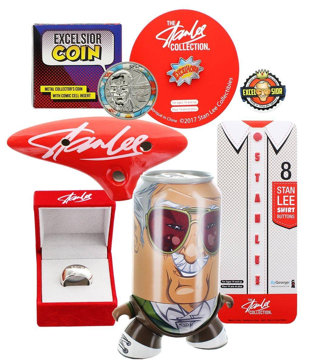 **The Stan Lee Collection**

- **Excelsior Coin**
  - Metal Collector's Coin
  - With Comic Cell Insert
  - For ages 14 and up
  - 20g
  - Made in China
  - ©2017 Stan Lee Collectibles

- **Stan Lee Signature**
  - Red Signature Item

- **Stan Lee Ring**
  - Ring in a red and white box

- **Stan Lee Mug**
  - Mug with Stan Lee's face

- **Stan Lee Shirt Buttons**
  - 8 buttons
  - For ages 14 and up
  - Made in China
  - By George
  - ©2017 Stan Lee Collectibles

- **Excelsior!**
  - Official Stan Lee Collectibles

- **Stan Lee Collection**
  - For ages 14 and up
  - Made in China
  - ©2017 Stan Lee Collectibles