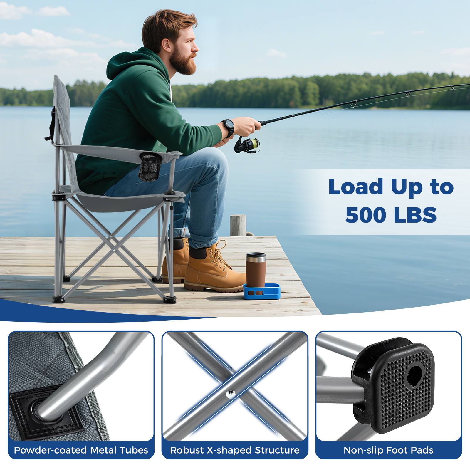 Load Up to 500 LBS  
Powder-coated Metal Tubes  
Robust X-shaped Structure  
Non-slip Foot Pads