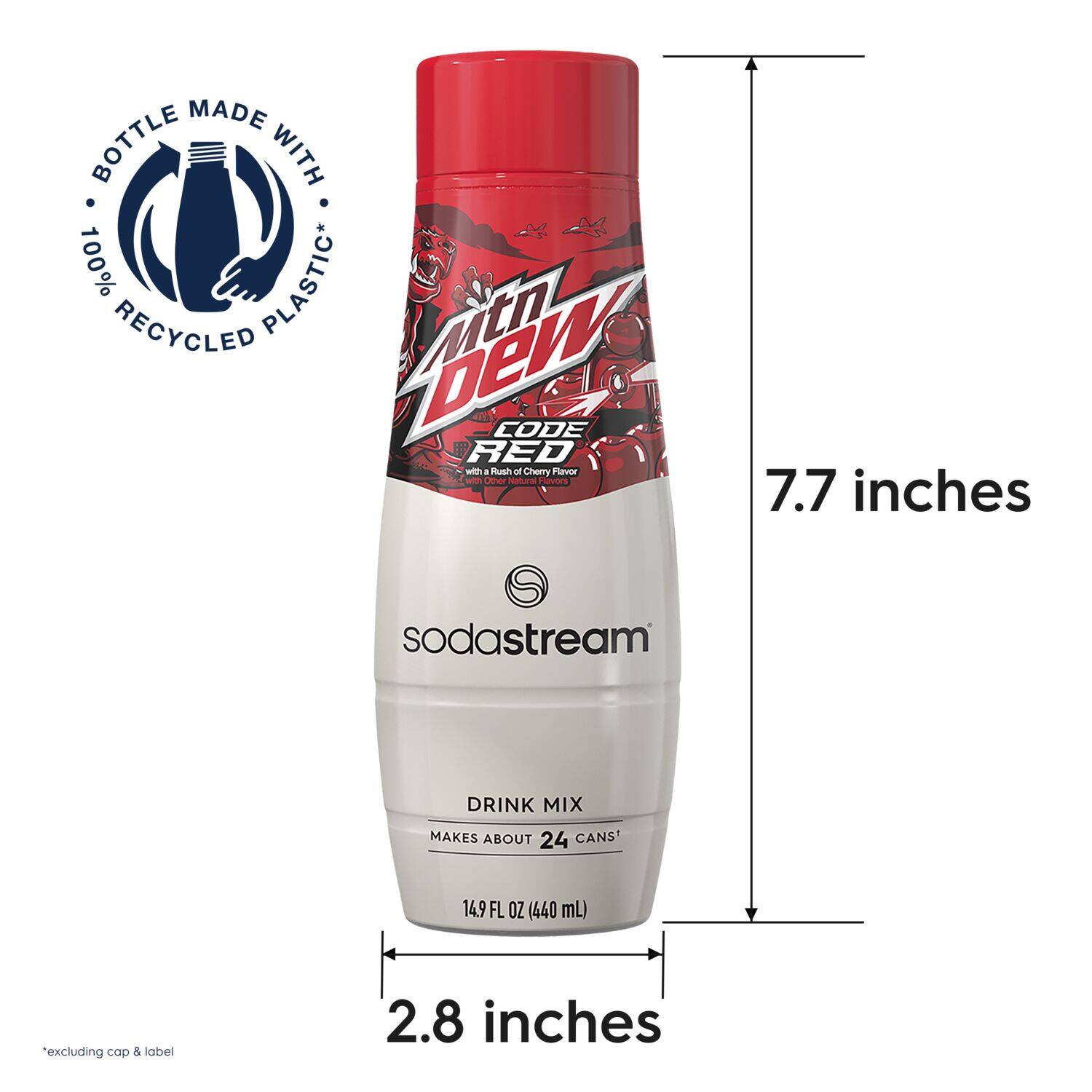 The image features a bottle of Mountain Dew Code Red drink mix, which is made with 100% recycled plastic. The bottle is 7.7 inches tall and contains 14.9 fluid ounces of drink mix, which makes about 24 cans. The drink mix is designed for use with a SodaStream, and the bottle excludes the cap and label. The image also includes a measurement of 2.8 inches, which might be related to the size of the bottle or the drink mix itself.