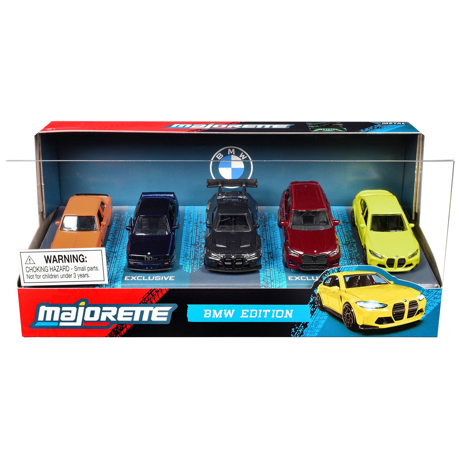 MAJORETTE  
BMW M  
METAL  
! WARNING: CHOKING HAZARD - Small parts. Not for children under 3 years.  
EXCLUSIVE  
EXCLU  
MAJORETTE BMW EDITION