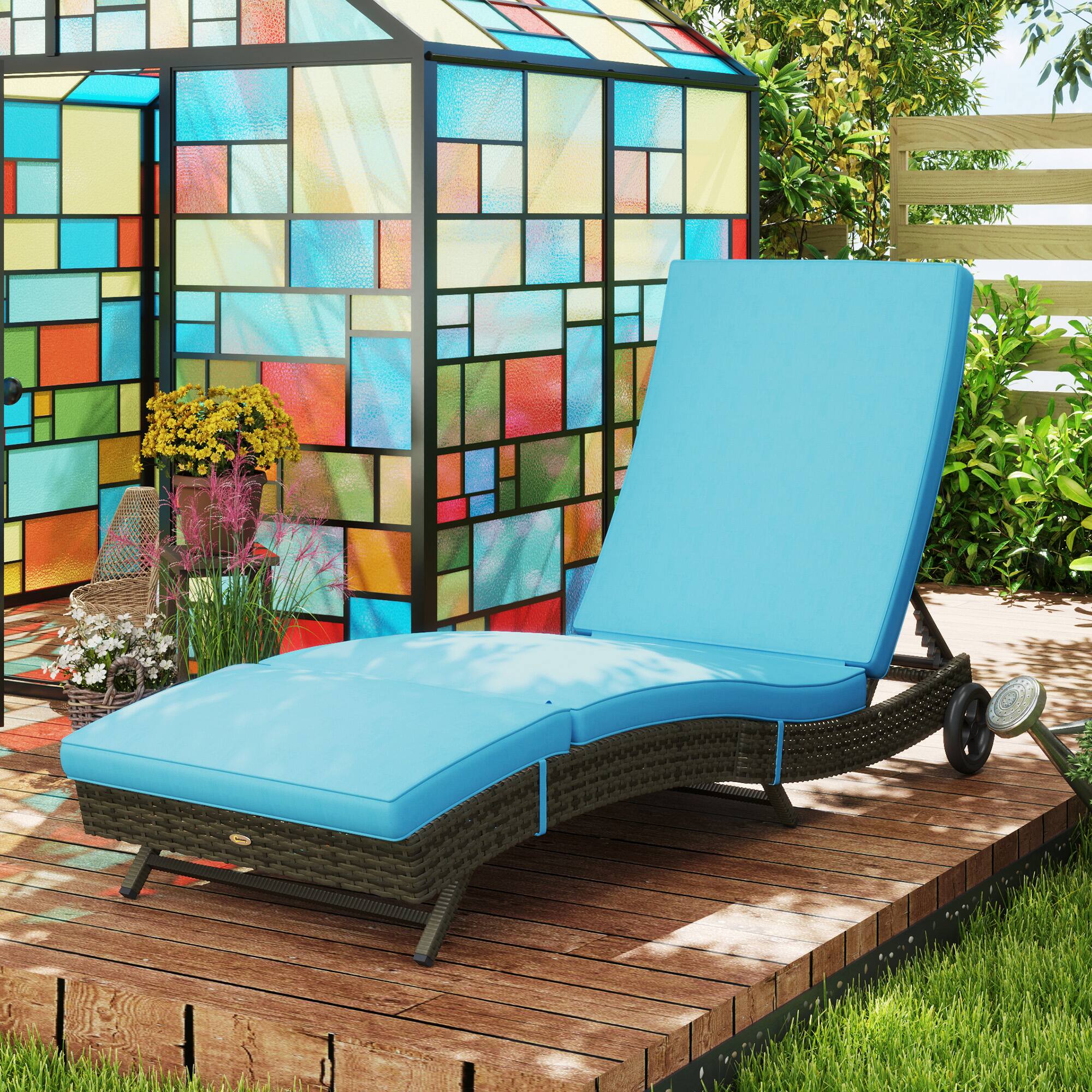 Alt View 1. Outsunny - Wicker Chaise Lounge Chair, Outdoor PE Rattan Sun lounger with Adjustable Backrest and 2 Wheels - Sky Blue.