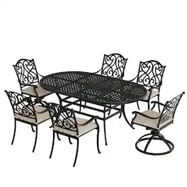 Mondawe - 6 Person Elliptical Outdoor Dining Set with Cushions - Black+Beige