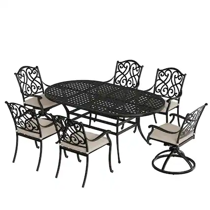 Front. Mondawe - 6 Person Elliptical Outdoor Dining Set with Cushions - Black+Beige.