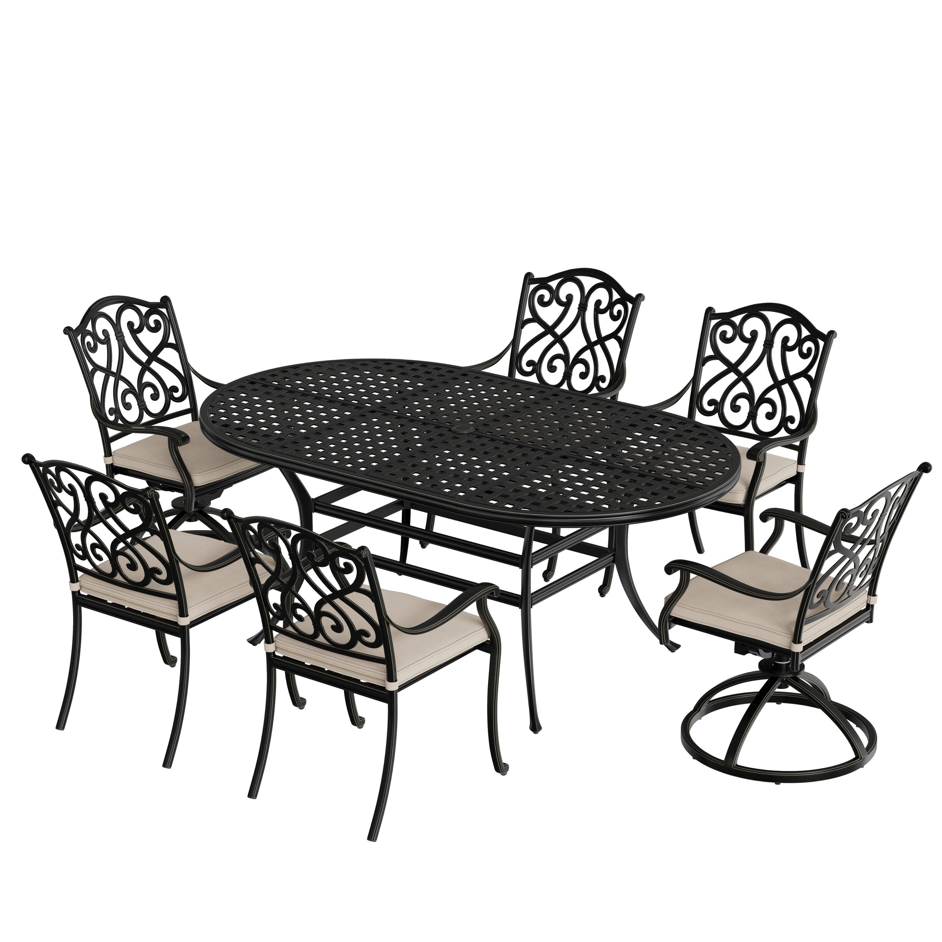 Front. Mondawe - 6 Person Elliptical Outdoor Dining Set with Cushions - Black+Beige.