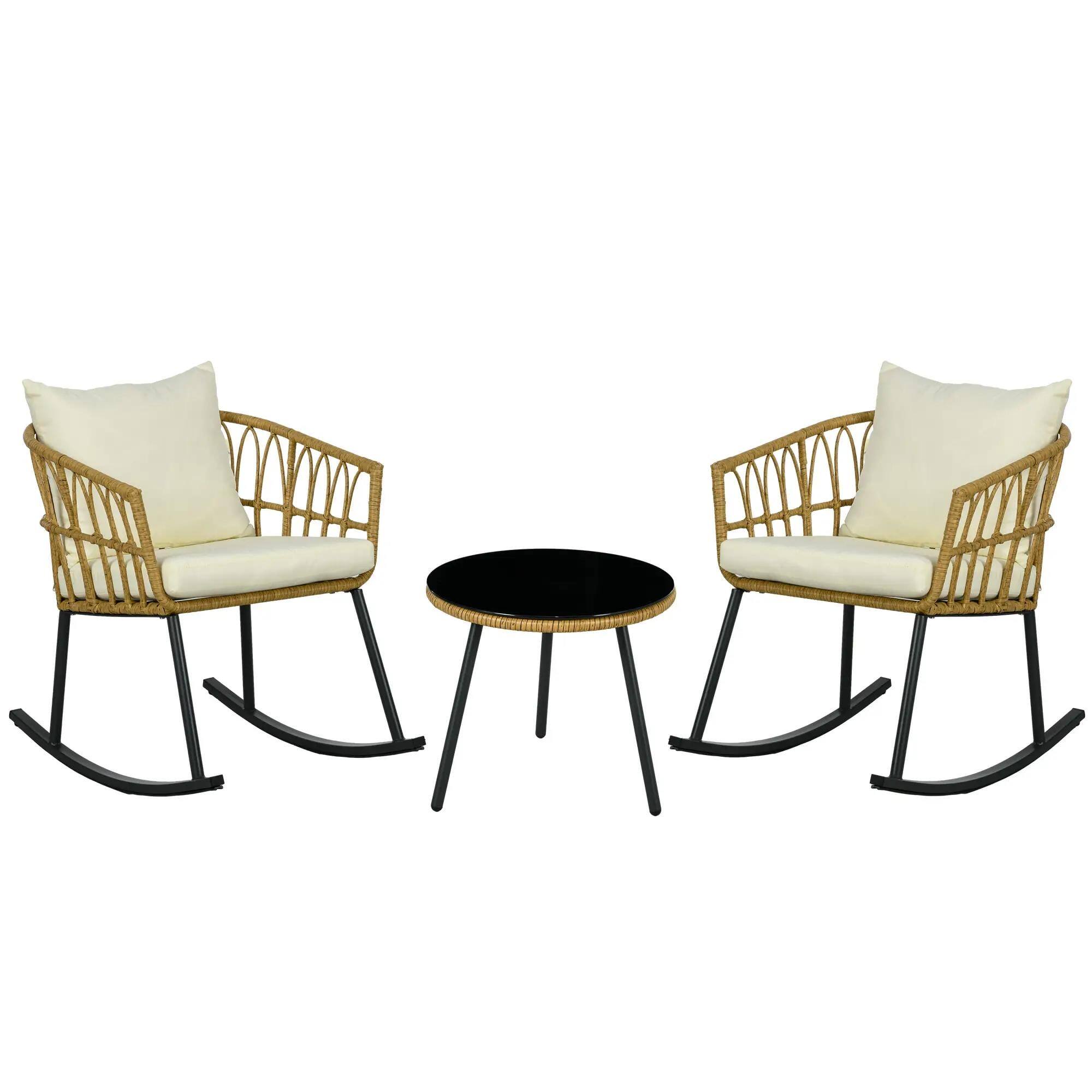Angle. Resenkos - Resenkos Wicker Bistro Set, 3-Pc Outdoor Rocking Chairs, Glass Coffee Table, Patio Conversation Set, Cream White - Cream White.