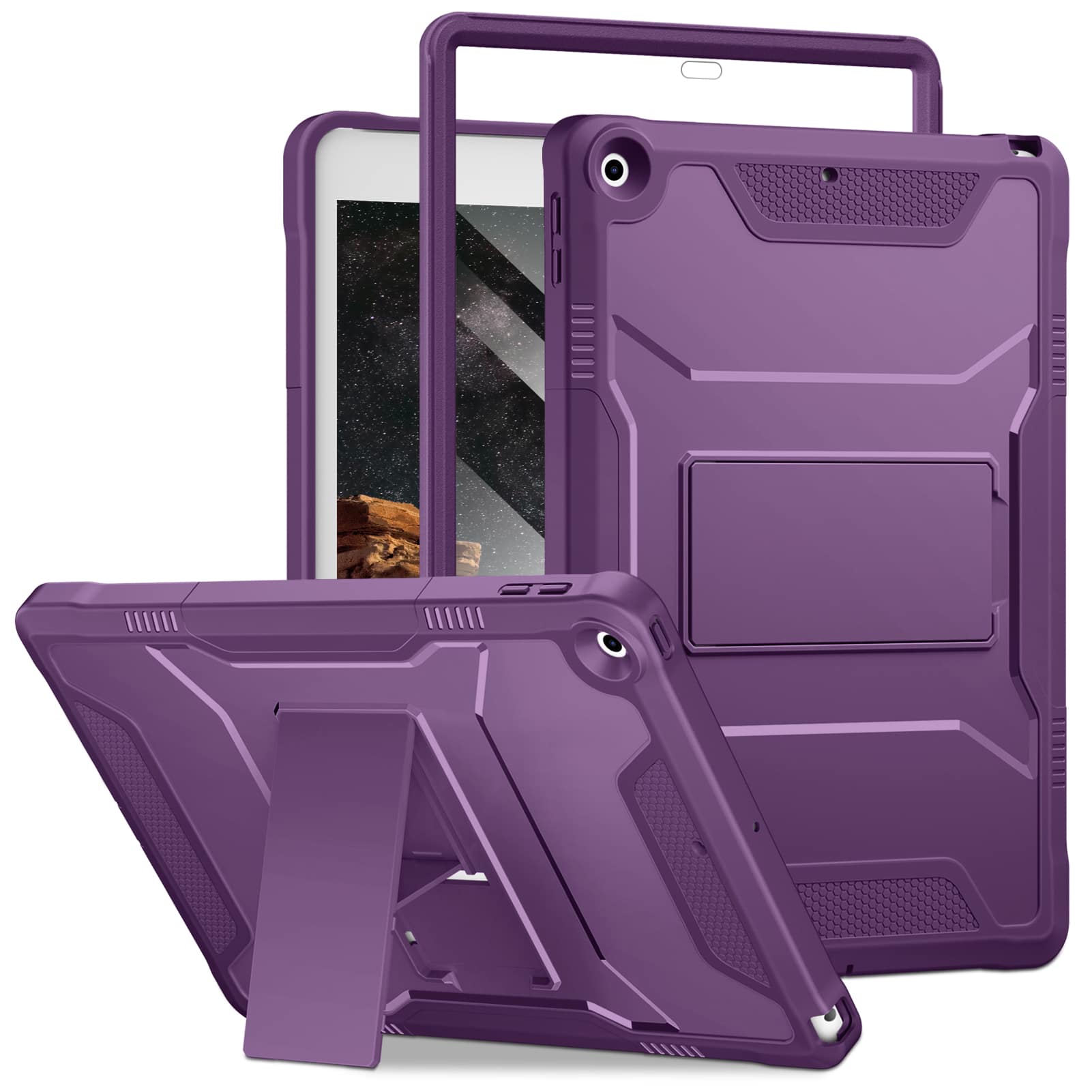 Front. DTTO - iPad 10.2 inch Case for 7th/8th/9th Gen (2019-2021) with Screen Protector, Shockproof Cover and Kickstand - Dark Purple.