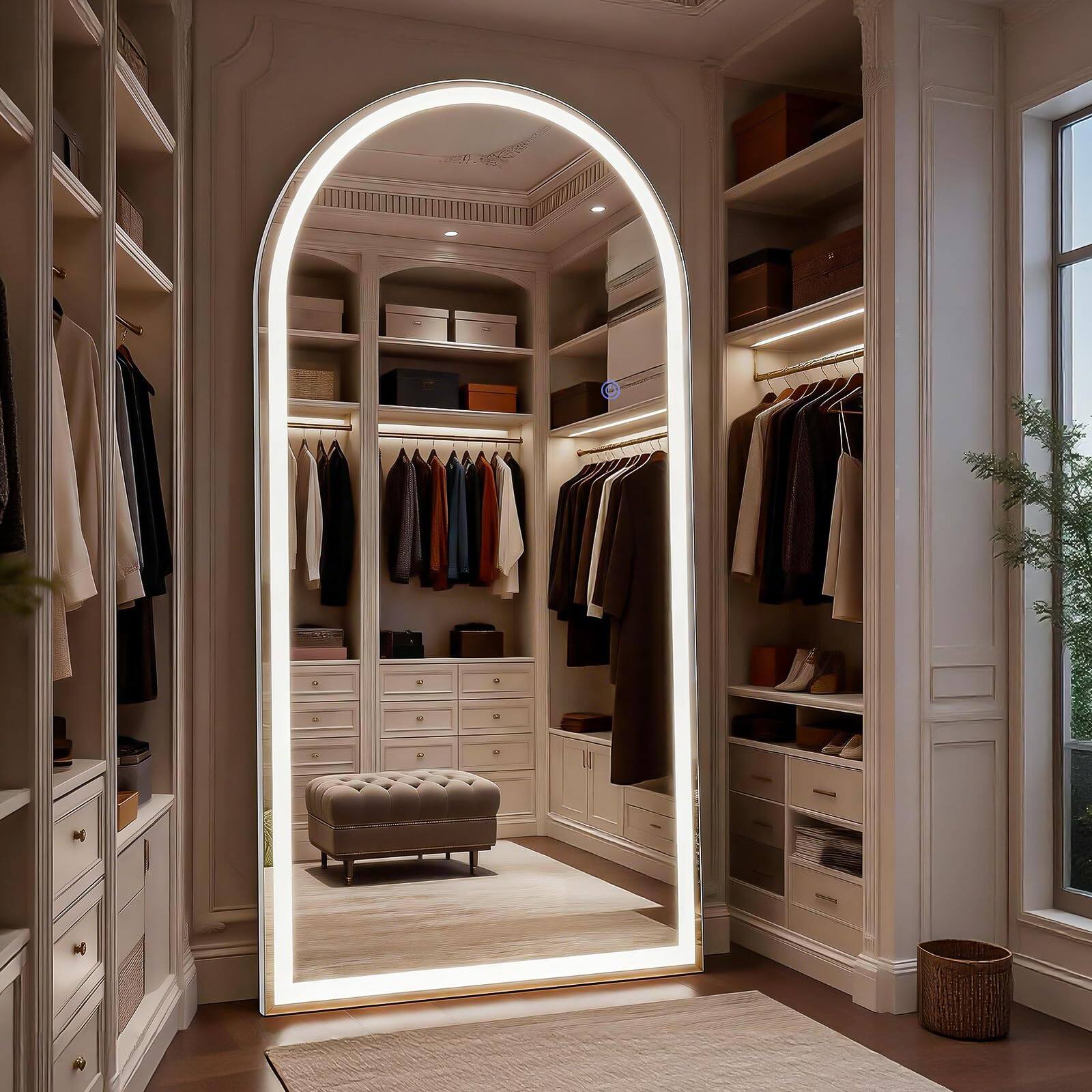 Front. HOMLUX - LED Arched Mirror Full Length with Dimmable Lights Floor Body Mirror with 3 Color Modes.