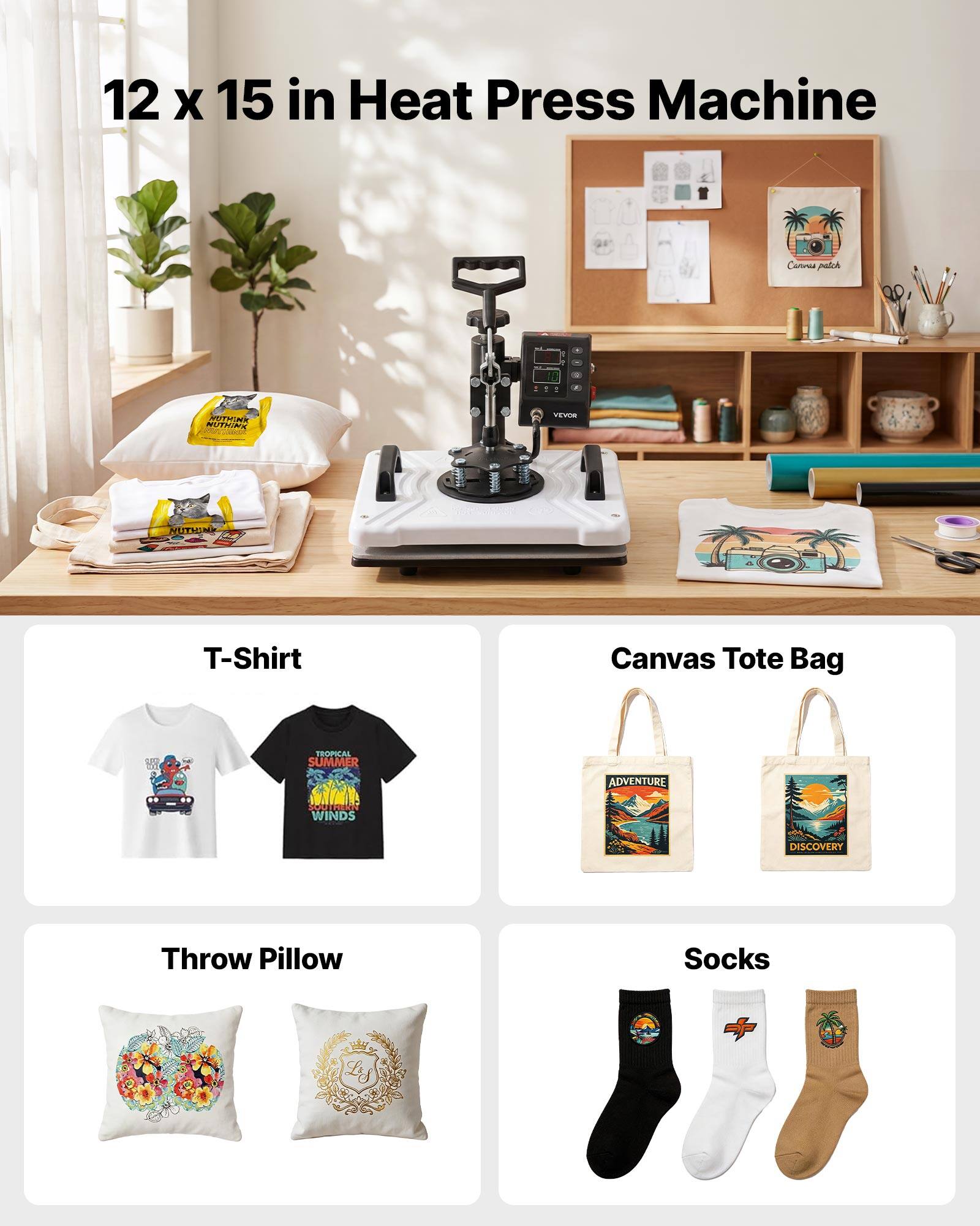 12 x 15 in Heat Press Machine

Cornie patch

NUTHINK NUTHINK

VEVOR

NUTHINK

T-Shirt

Canvas Tote Bag

TROPICAL SUMMER

ADVENTURE

WINDS

DISCOVERY

Throw Pillow

Socks