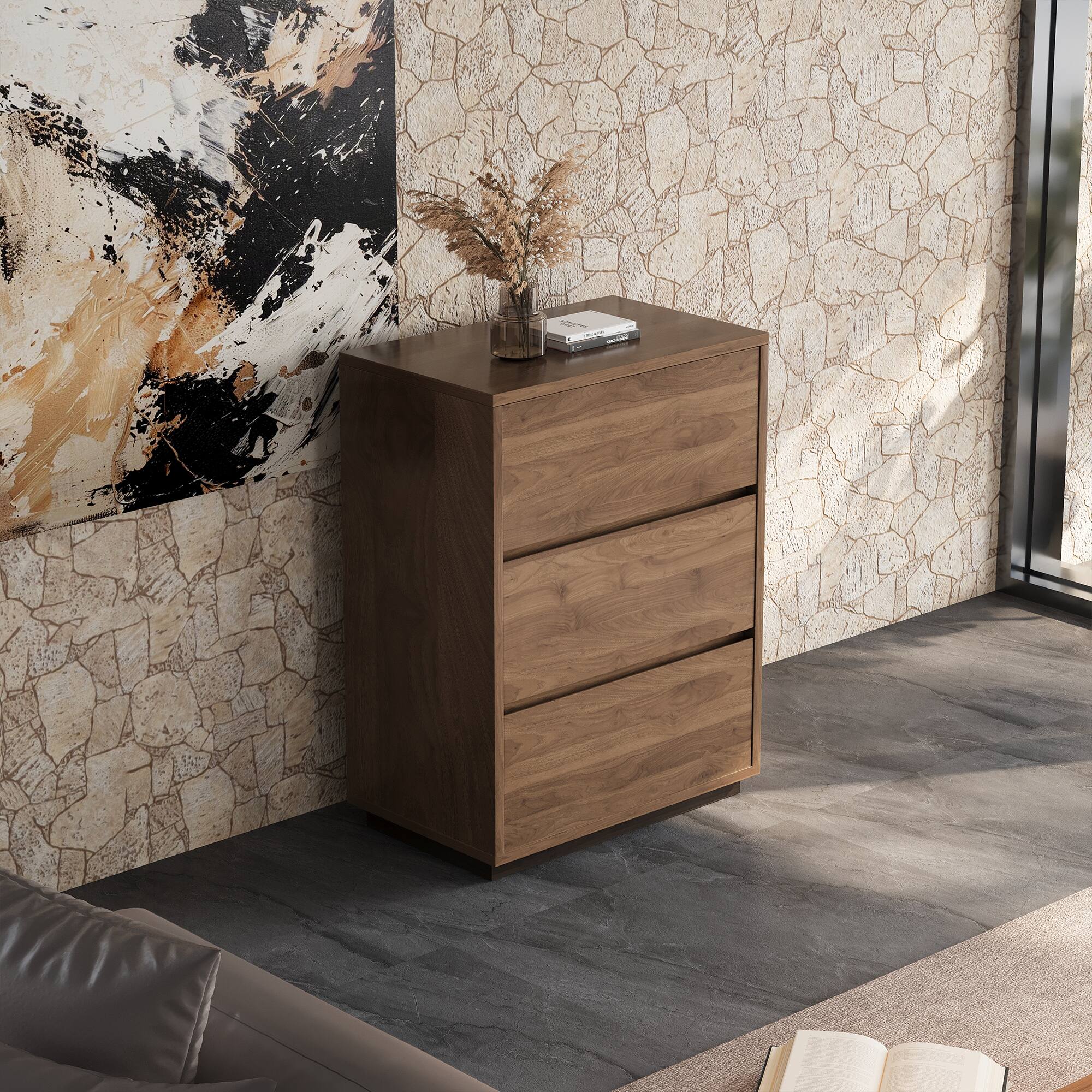 Angle. luck idea - 23.62" Three-Drawer Storage Cabinet & Decorative Cabinet, Suitable for Multiple Scenarios - Walnut color.