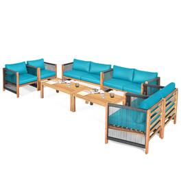 Gymax - 8PCS Acacia Wood Outdoor Patio Furniture Conversation Set W/ Cushions - Turquoise