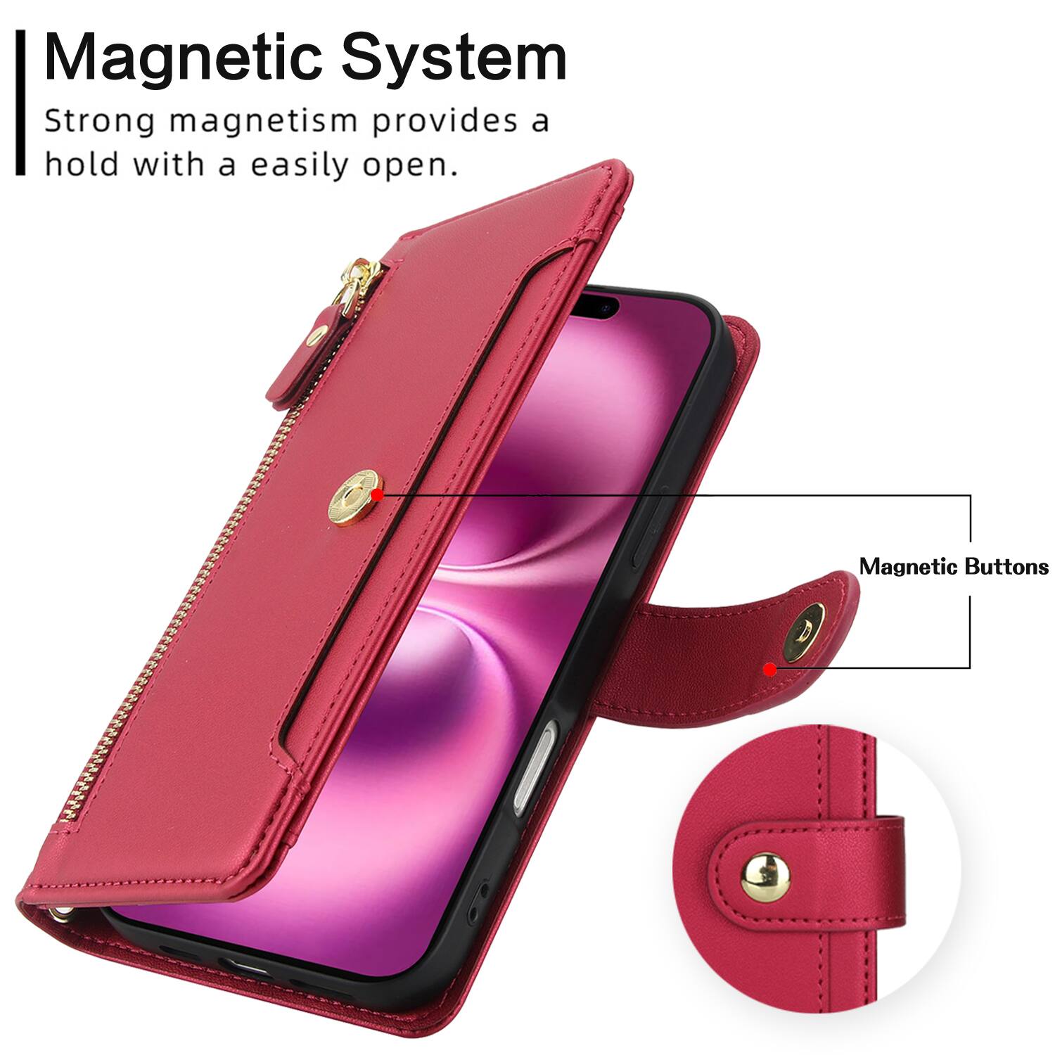 Magnetic System  
Strong magnetism provides a hold with a easily open.  
Magnetic Buttons