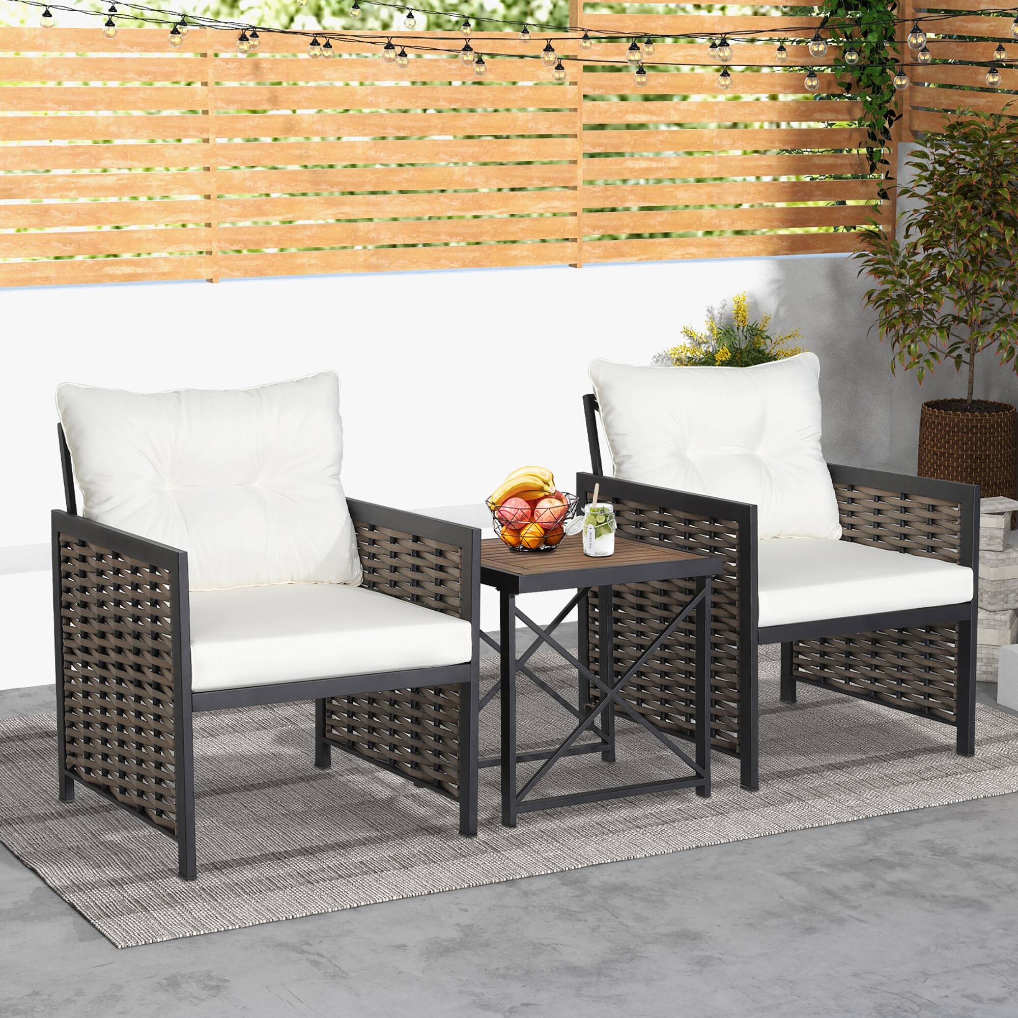 Alt View 3. Costway - Costway 3 PCS Patio Rattan Furniture Set Acacia Wood Coffee Table & 2 Chairs Backyard White Cushion - Brown,Black,White.