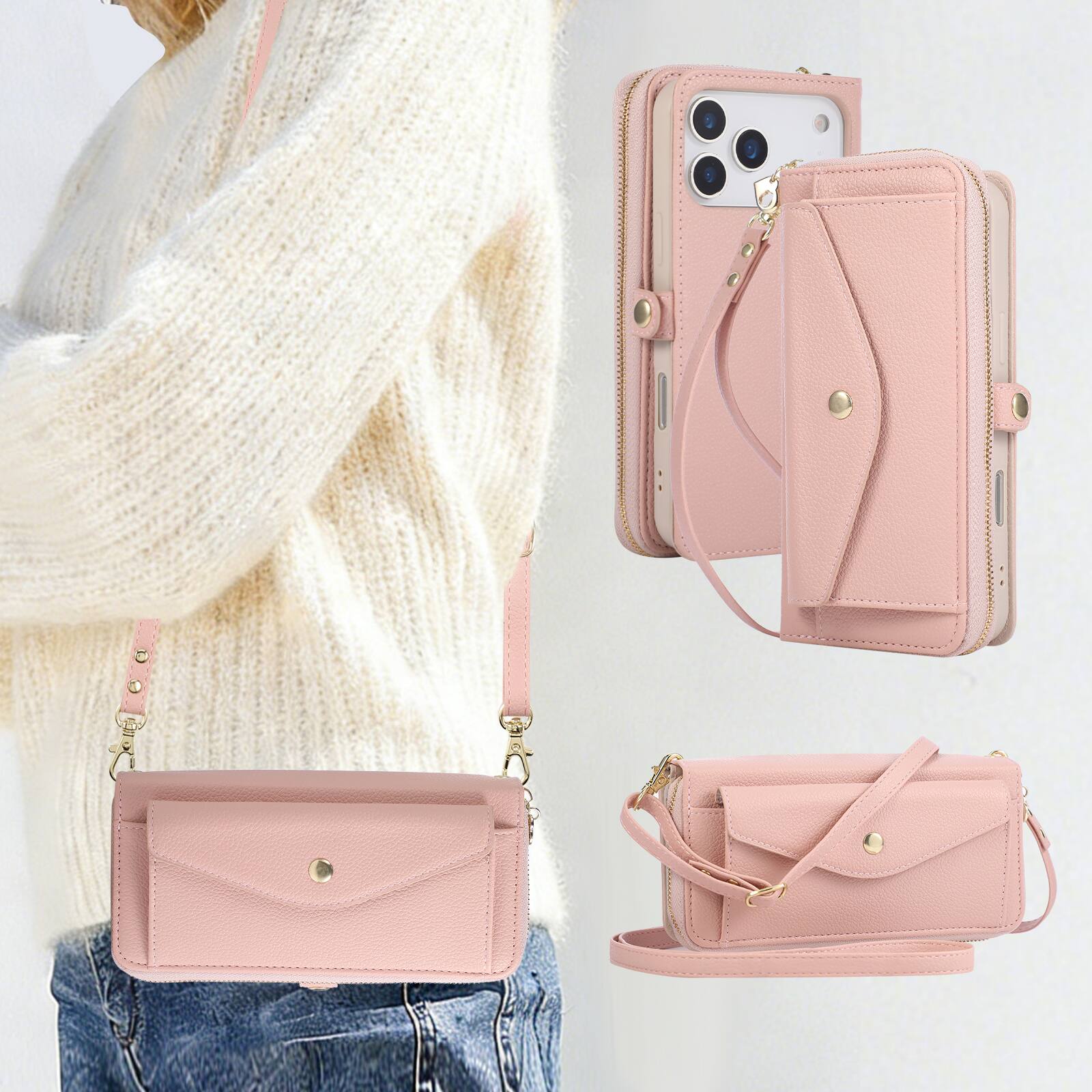 Alt View 5. Dteck - Luxury Flip Case for Apple iPhone 18 Pro with Makeup Mirror,Crossbody Purse PU Leather Zipper Wallet Phone Cover - Pink.