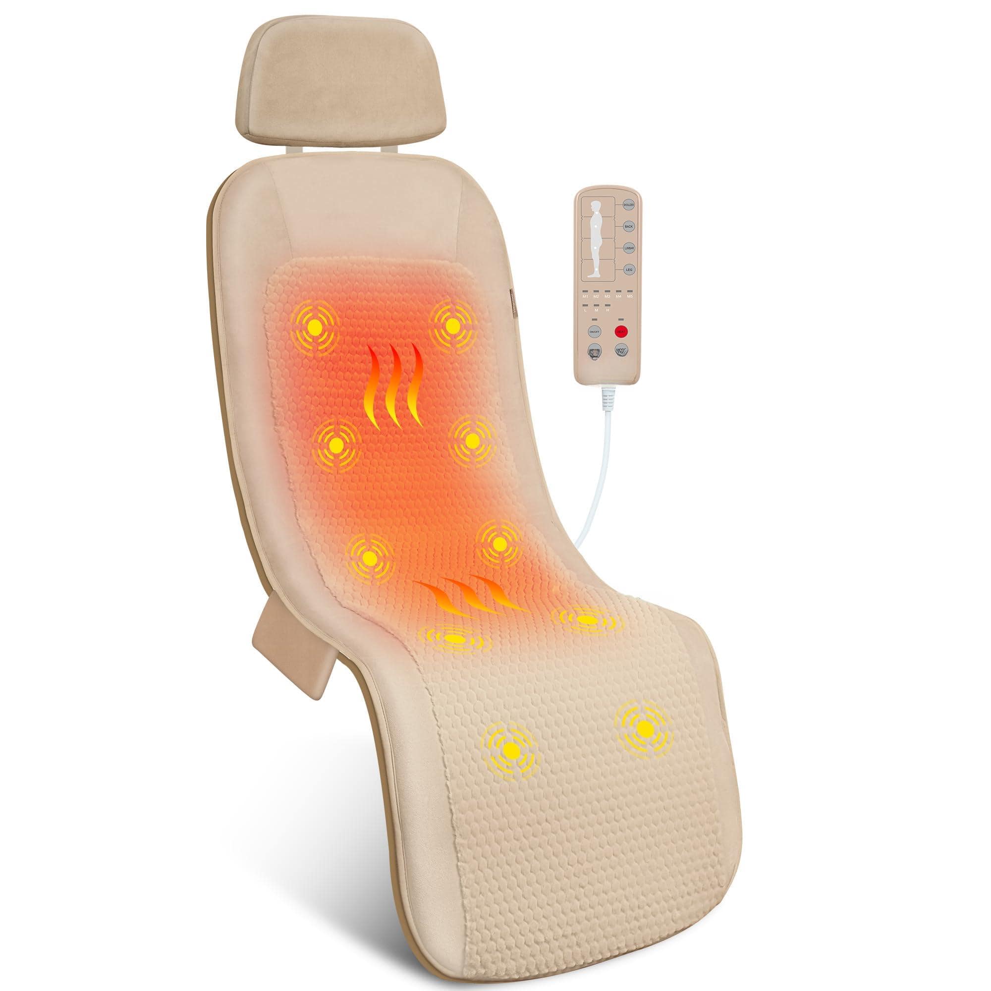 Fabibe - Vibration Back Massager with Heat, Massage Chair Pad with 10 Vibration Motors & 2 Heating Levels - Beige L