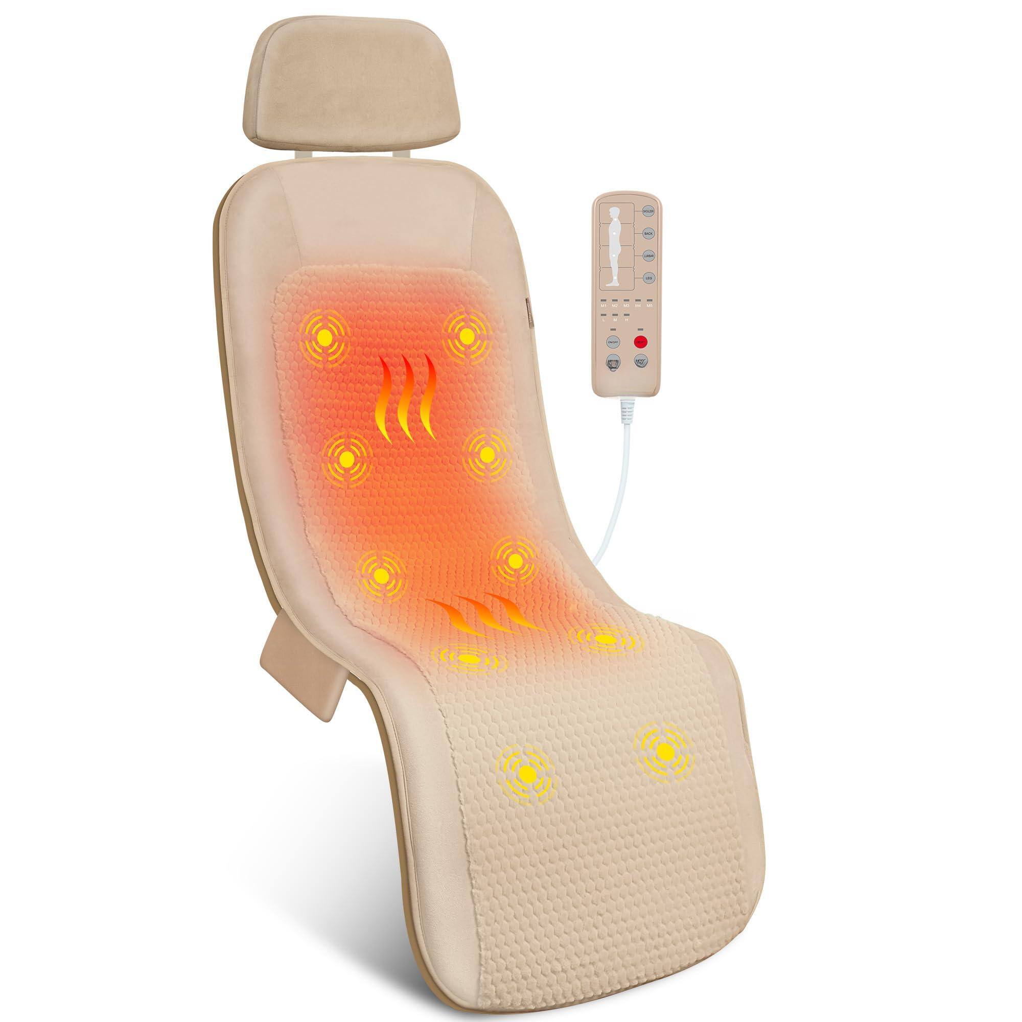 Fabibe - Vibration Back Massager with Heat, Massage Chair Pad with 10 Vibration Motors & 2 Heating Levels - Beige L