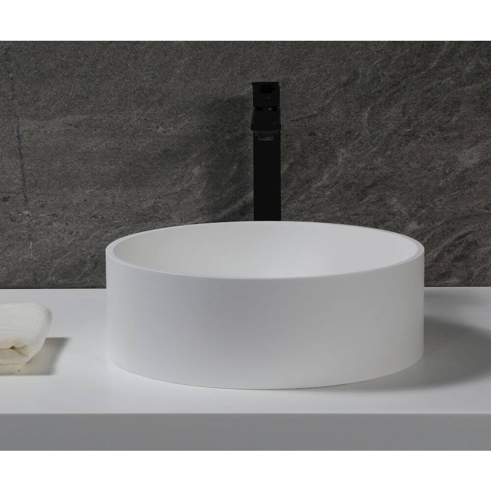 Left. Alfi - 15" Round White Matte Solid Surface Resin Sink - White.