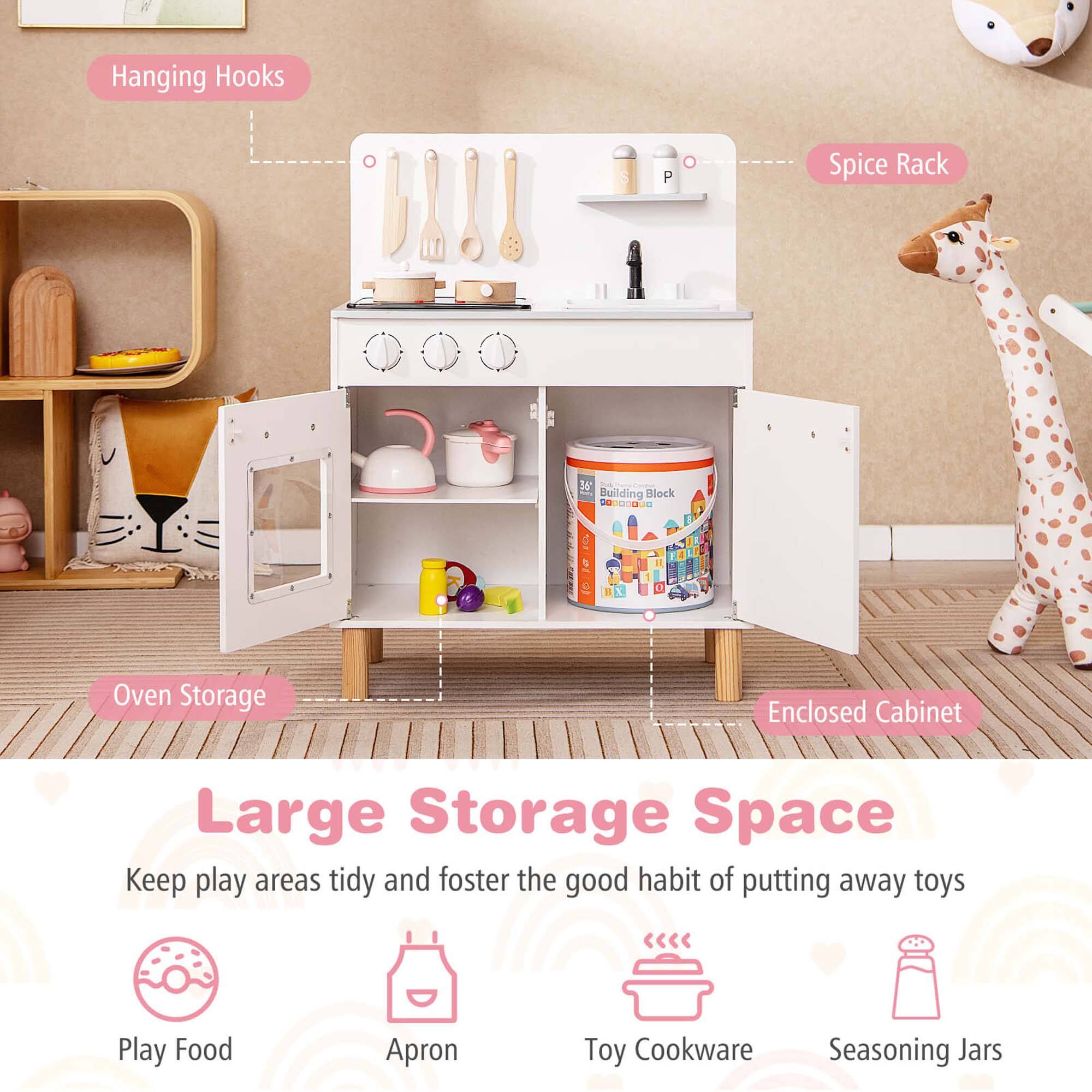 - Hanging Hooks
- Spice Rack
- Oven Storage
- Enclosed Cabinet

Large Storage Space

Keep play areas tidy and foster the good habit of putting away toys

- Play Food
- Apron
- Toy Cookware
- Seasoning Jars