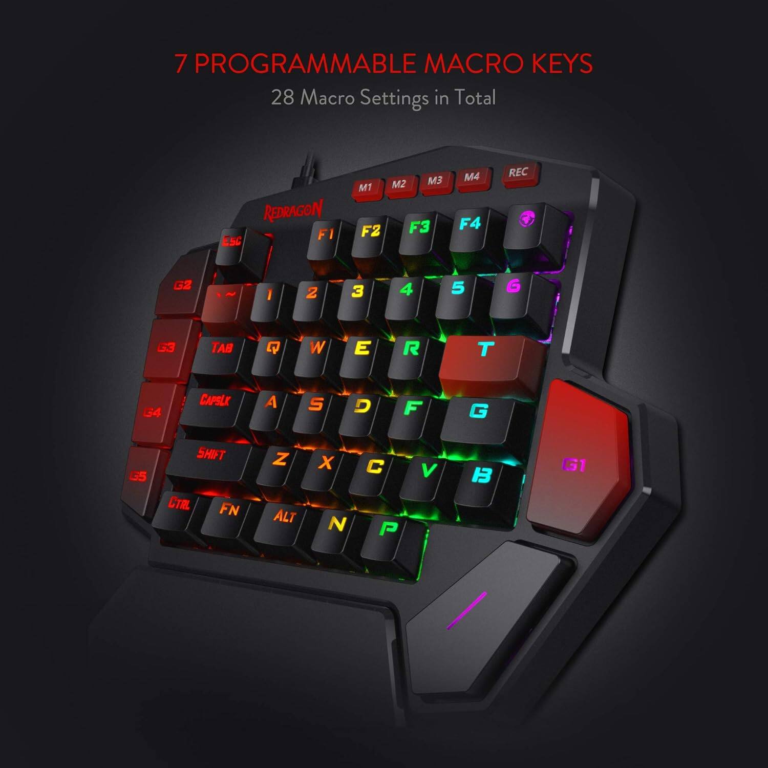 7 PROGRAMMABLE MACRO KEYS  
28 Macro Settings in Total  

M1 M2 M3 M4 REC  
F1 F2 F3 F4  
G1 G2 G3 G4 G5  
ESC 1 2 3 4 5  
TAB Q W E R T  
CAPSLOCK A S D F G H  
SHIFT Z X C V B  
CTRL FN ALT N P