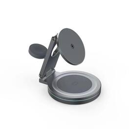 RISOKEYS - 3-in-1 Wireless Charger - Desktop Foldable and Angle-Adjustable Metal Stand, Fast Charging, Magnetic Power Adapter - Gray