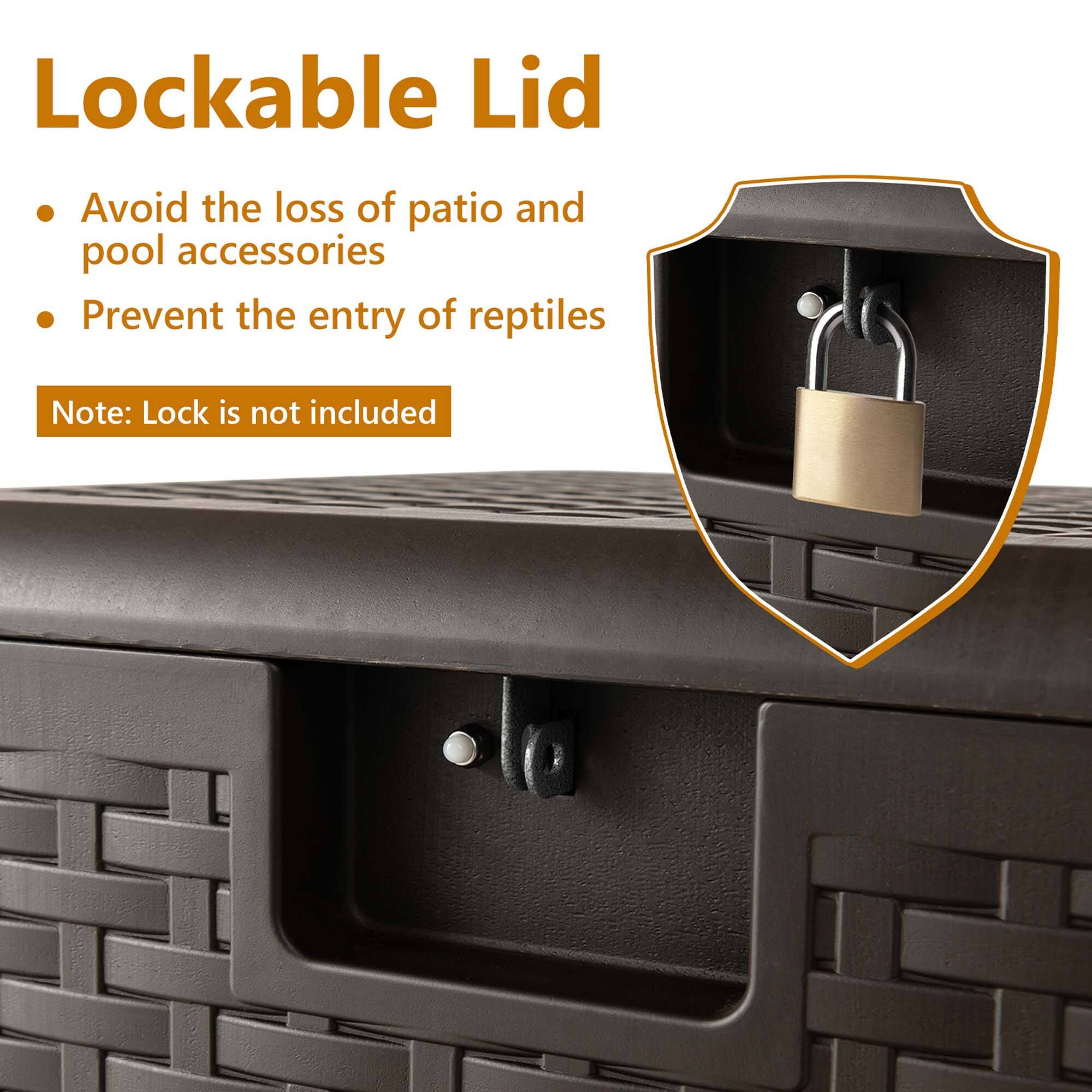 Lockable Lid

- Avoid the loss of patio and pool accessories
- Prevent the entry of reptiles

Note: Lock is not included