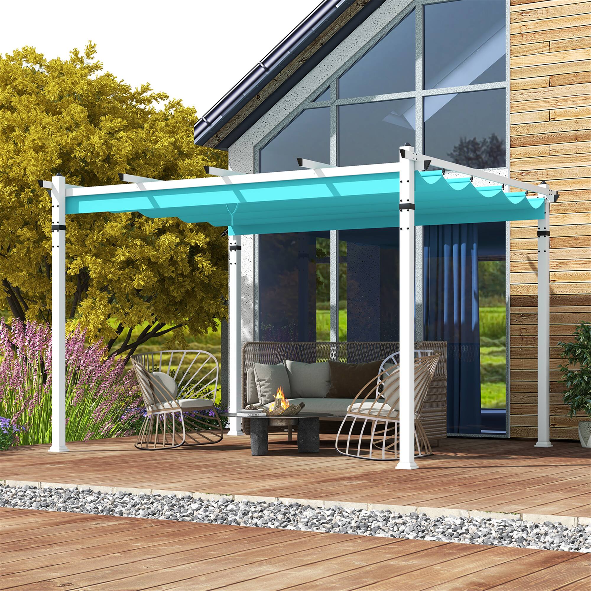 Alt View 3. Gymax - Gymax 12' x 10' Outdoor Pergola w/ Retractable Canopy Aluminum Frame Anchors Patio Turquoise - Turquoise, White.