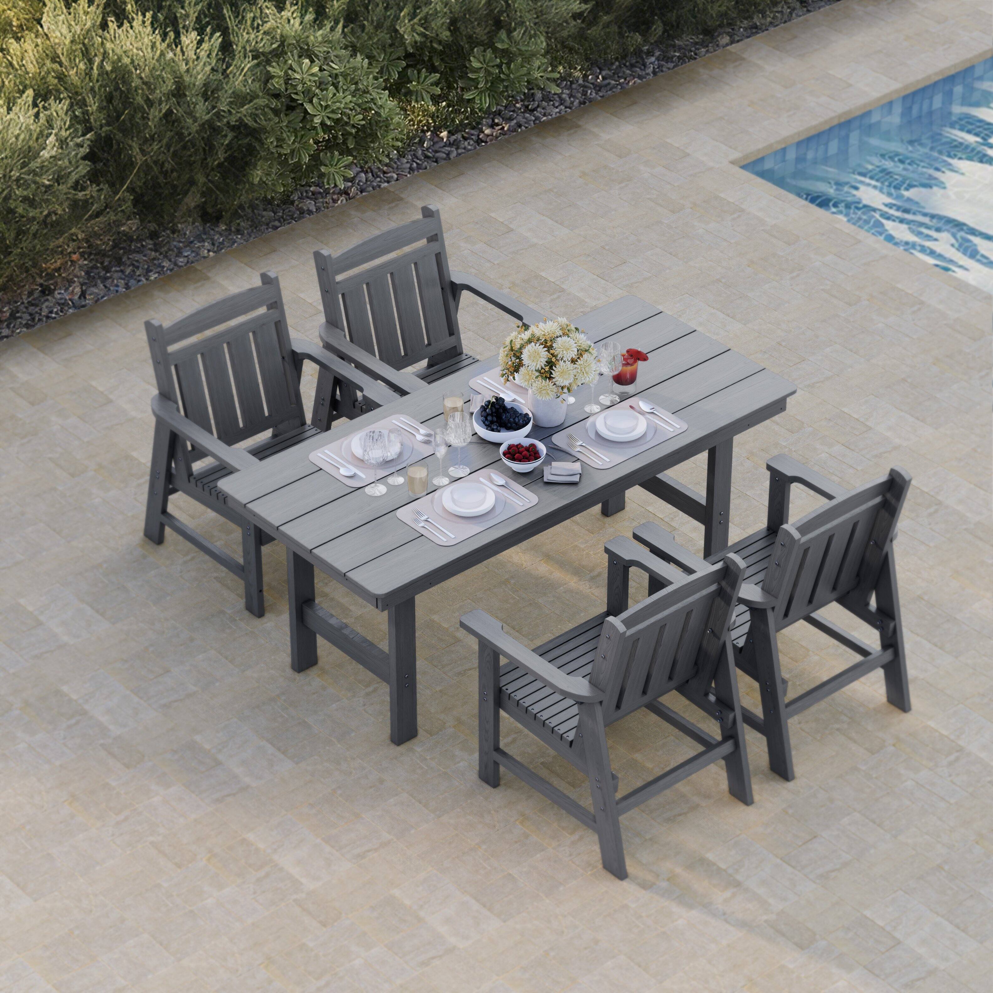 Angle. Fortune Candy - Modern HDPE Patio Dining Set, 5-Piece Poly Lumber Table & Chairs with Umbrella Hole, Weather-Resistant for Yard & Lawn - Gray.