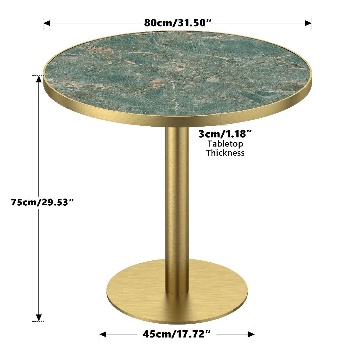 80cm/31.50"  
3cm/1.18" Tabletop Thickness  
75cm/29.53"  
45cm/17.72"