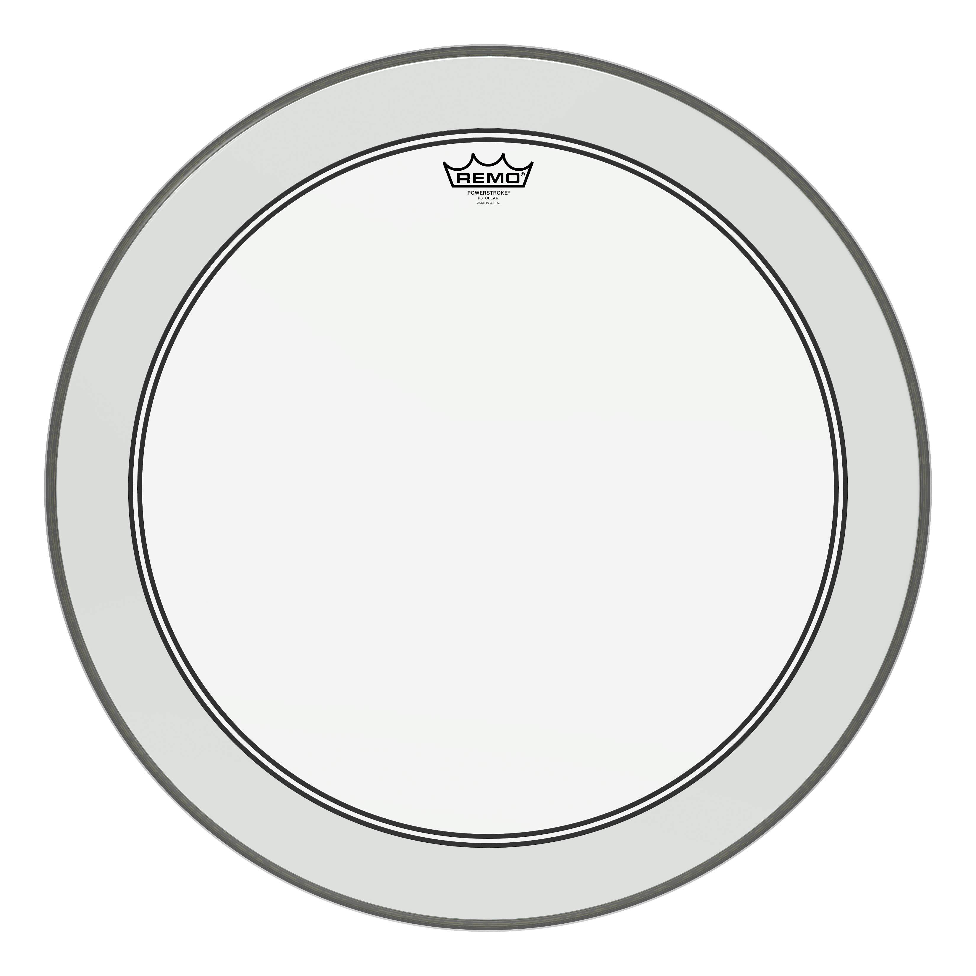 Front. Remo - Bass, Powerstroke 3, Clear, 24 Diameter, 2-1/2 Impact Patch.