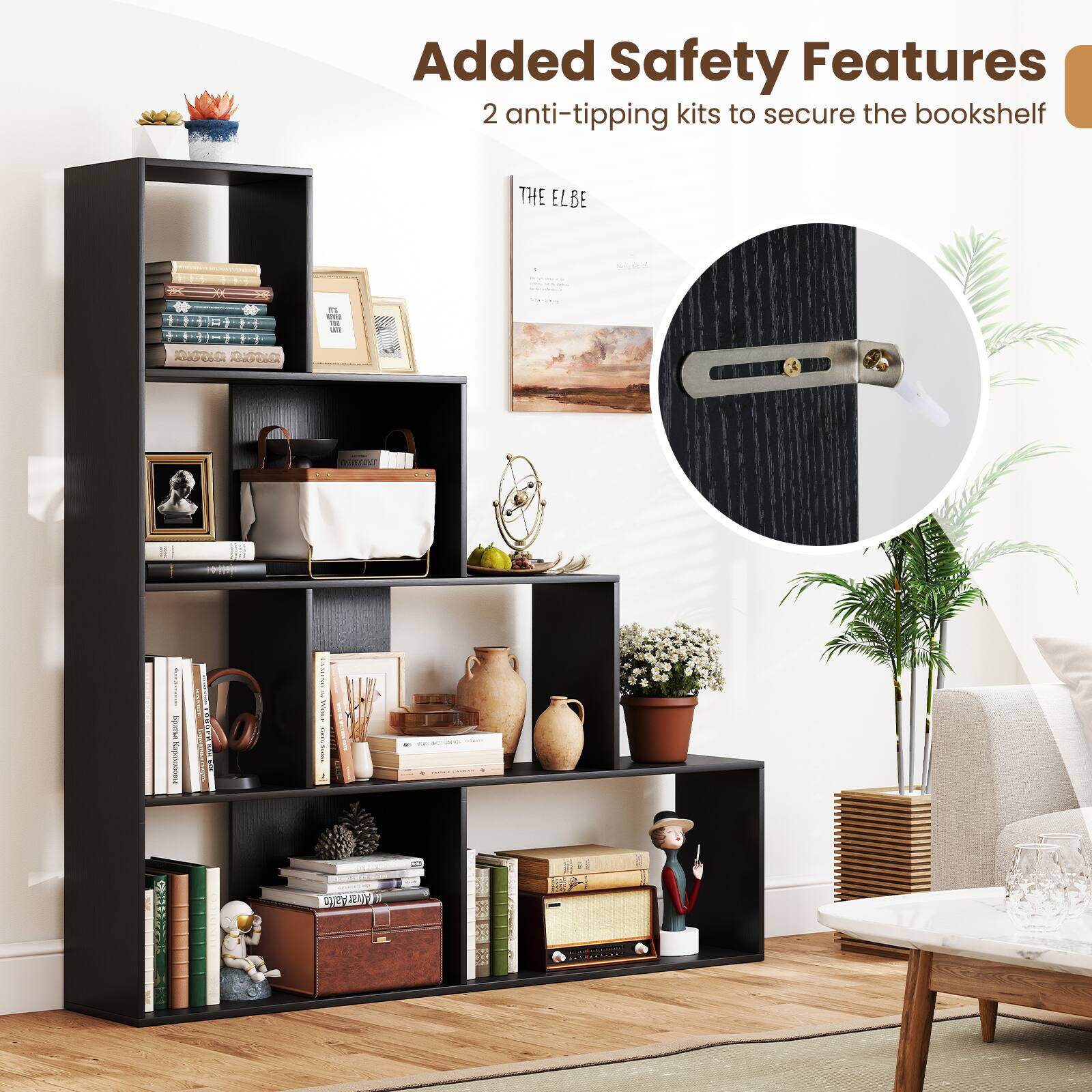 Added Safety Features 2 anti-tipping kits to secure the bookshelf