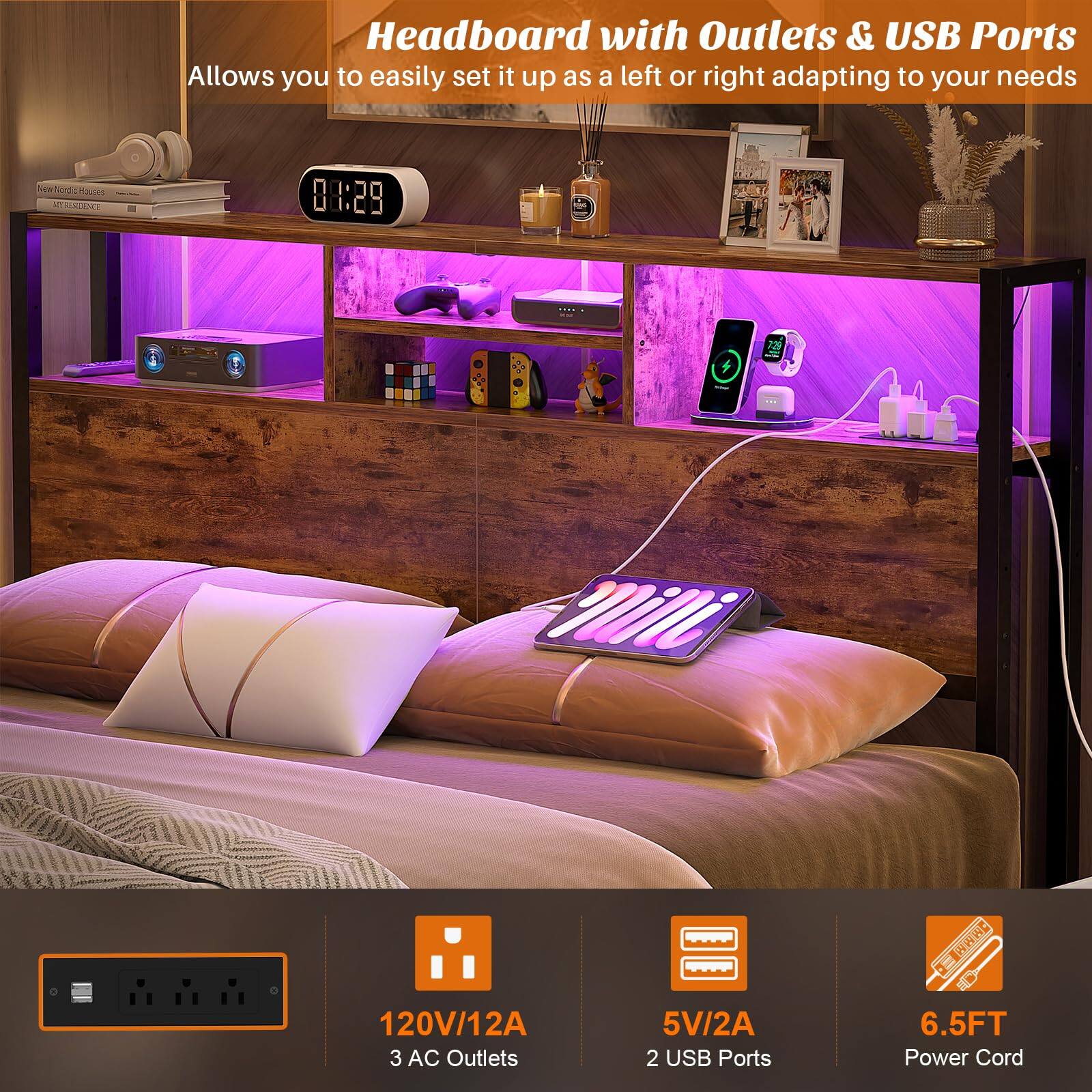Headboard with Outlets & USB Ports  
Allows you to easily set it up as a left or right adapting to your needs  

- 120V/12A  
- 3 AC Outlets  
- 5V/2A  
- 2 USB Ports  
- 6.5FT Power Cord