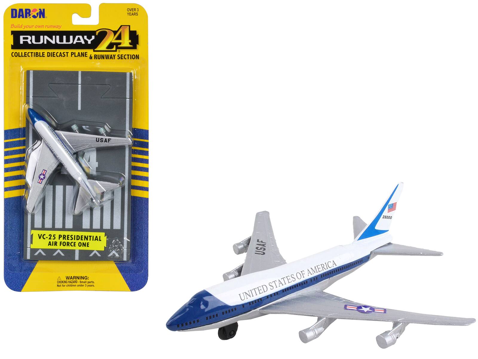 DARSON
Build your own runway
RUNWAY 24
COLLECTIBLE DIECAST PLANE & RUNWAY SECTION
VC-25 PRESIDENTIAL AIR FORCE ONE
WARNING: CHOKING HAZARD - Small parts. Not for children under 3 years.
USAF
UNITED STATES OF AMERICA
28000