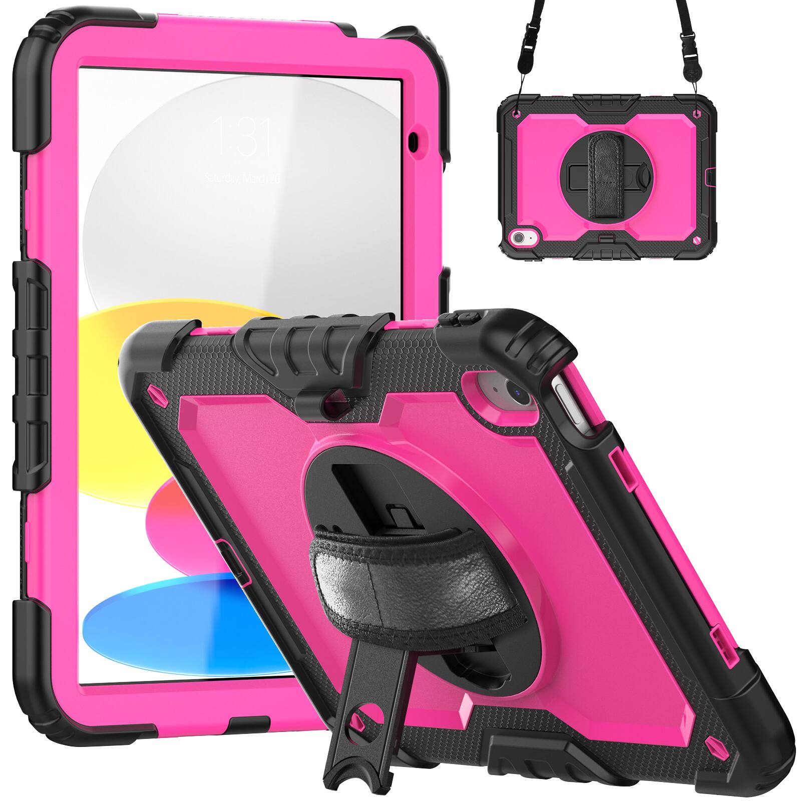 Angle. Dteck - For Apple iPad 11"(A16 chip 2025)&iPad 10th 2022 Three-Layer Kickstand Shoulder Strap Case Built-in Screen Protector - Rose+Black.