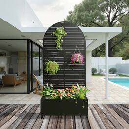 PexFix - 72 in. H x 35 in. W Louvered Pattern Arch Metal Planter Box Raised Garden Beds with Trellis-Ideal for Balcony - Black