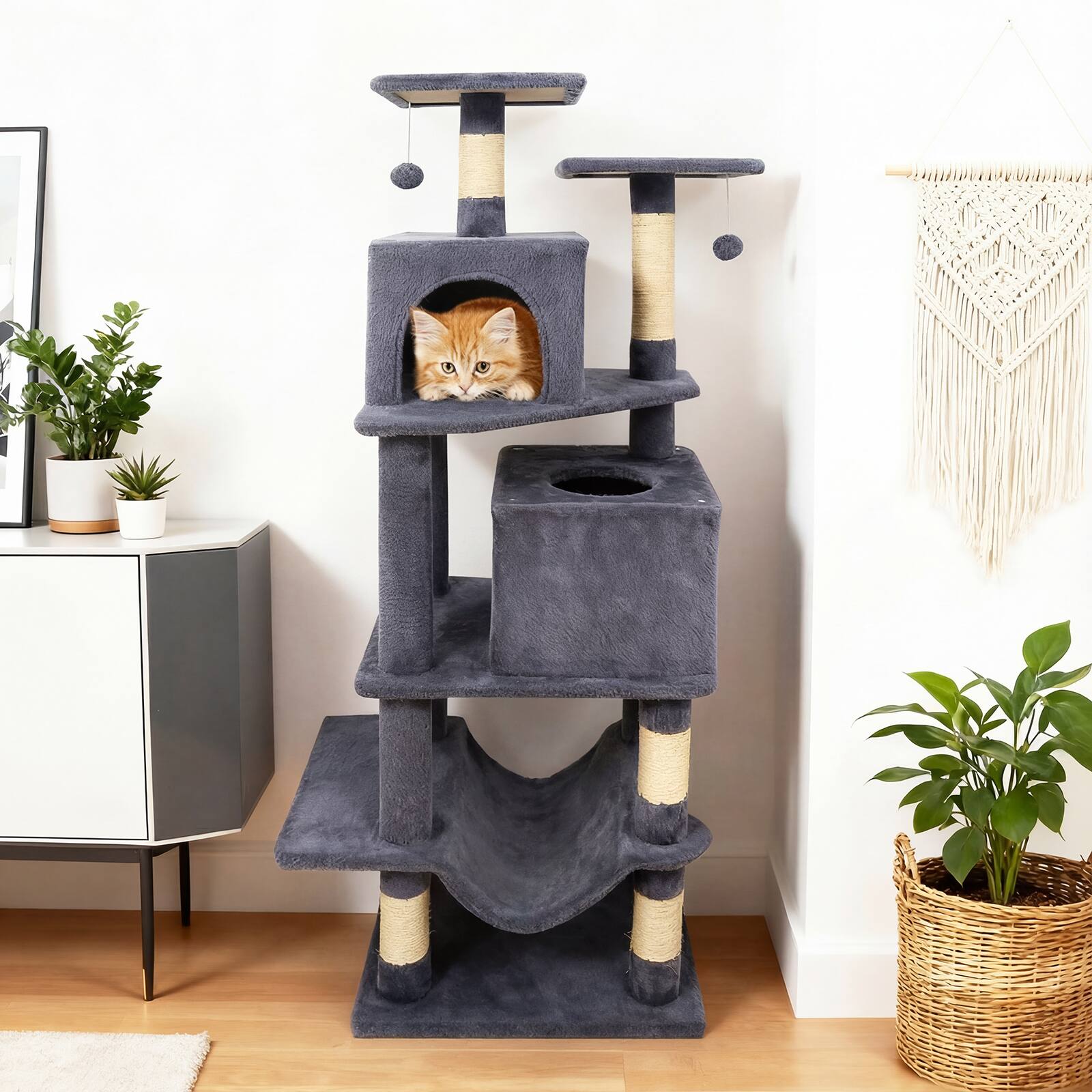 Alt View 3. Gymax - Gymax 57'' Cat Tree for Indoor Cats w/Dual Condos Hammock Sisal Scratching Posts Grey - Gray.