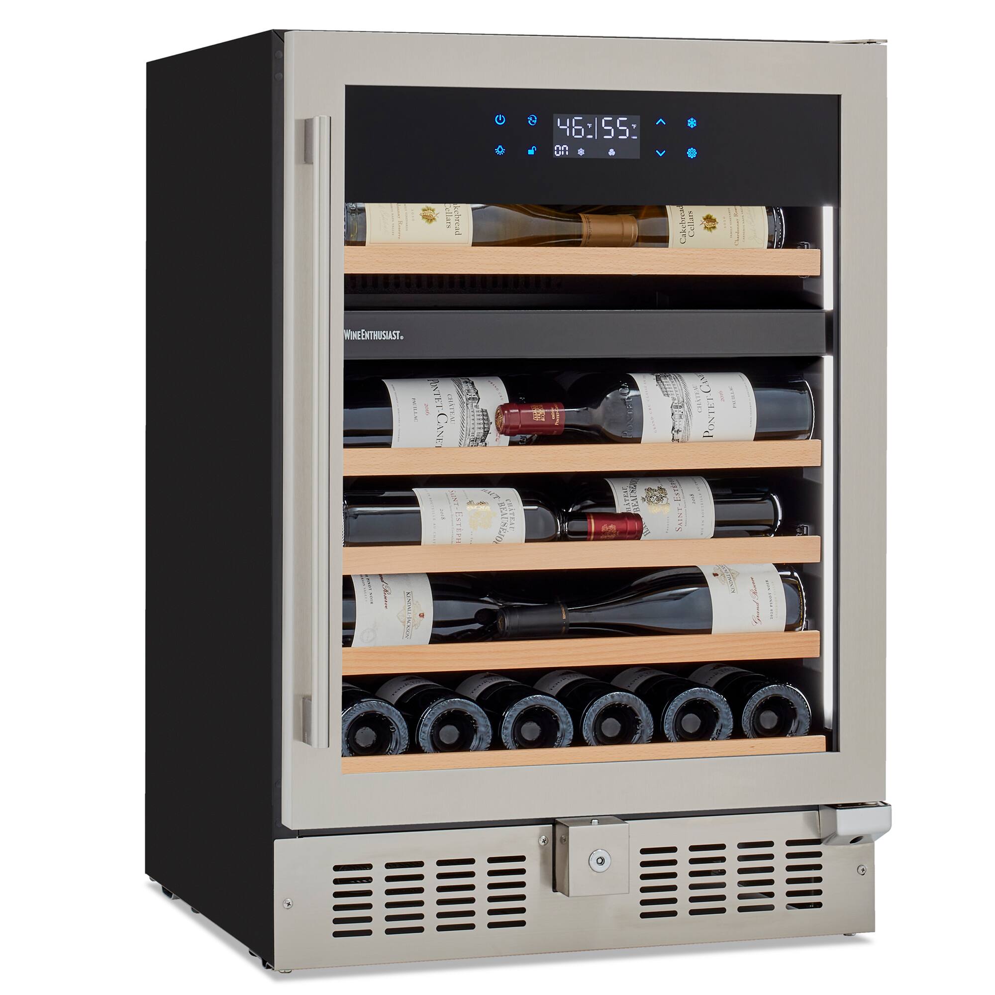 Angle. Wine Enthusiast - SommSeries2 46 Bottle Dual Zone with VinoView Display Shelving - Stainless Steel.