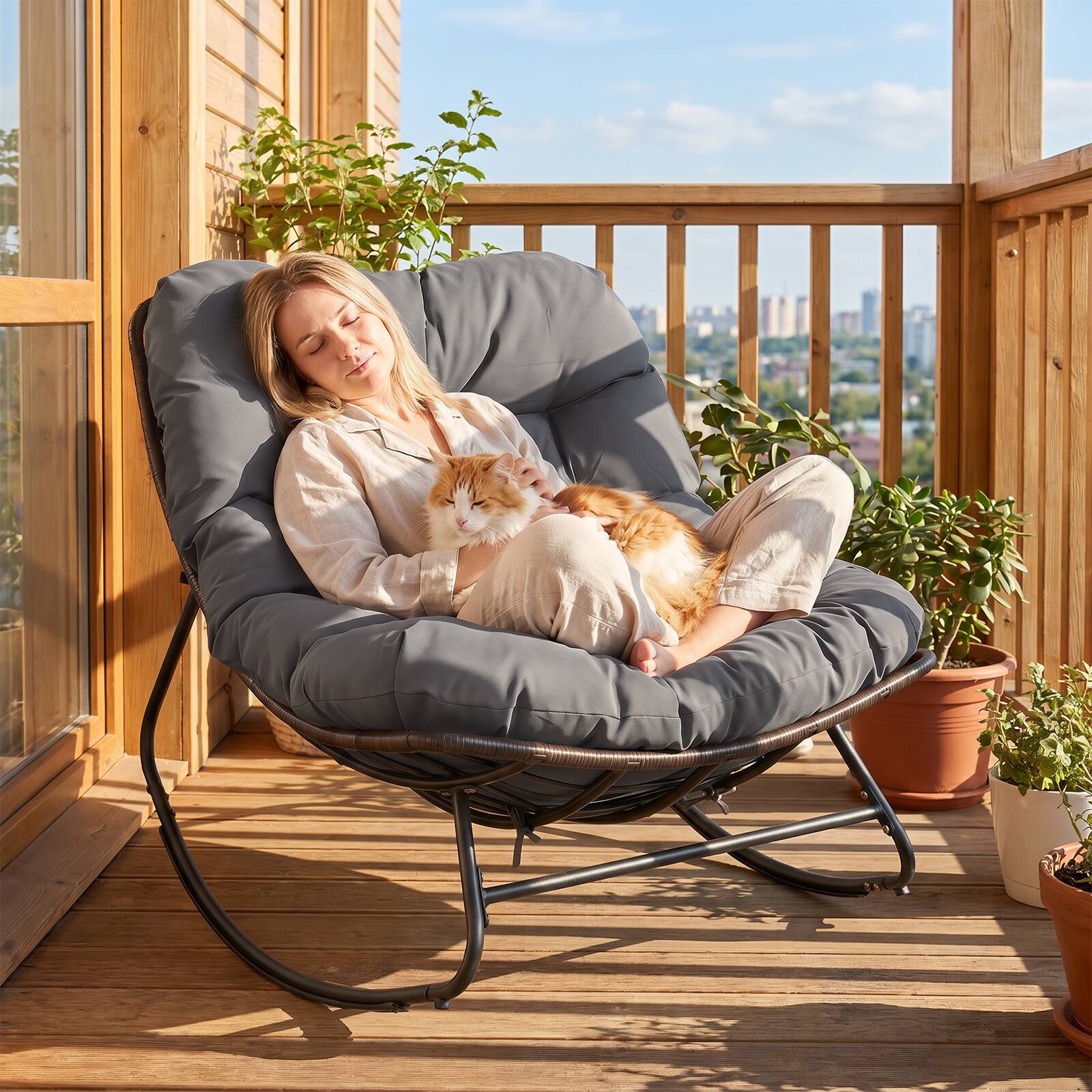 Costway Patio Papasan Rocking Chair,Oversized Egg shaped Rocker