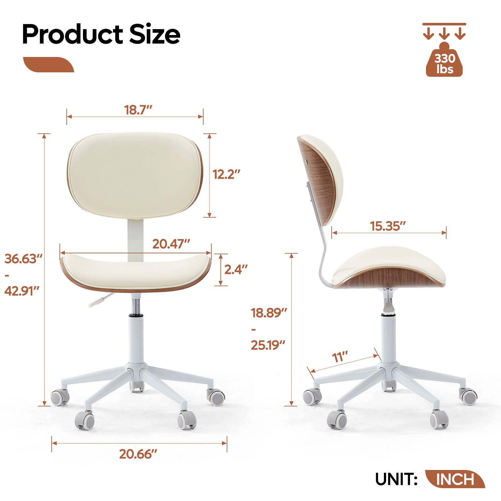Bestier - Cross-Legged Bentwood Office Chair - Armless Ergonomic Design, Adjustable Height with Lumbar Support, PU Leather - White - Thumbnail 3