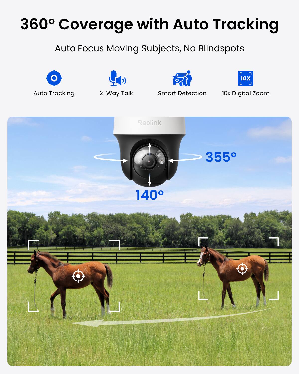 360° Coverage with Auto Tracking  
Auto Focus Moving Subjects, No Blindspots  

Auto Tracking  
2-Way Talk  
Smart Detection  
10x Digital Zoom  

Reolink  
355°  
140°