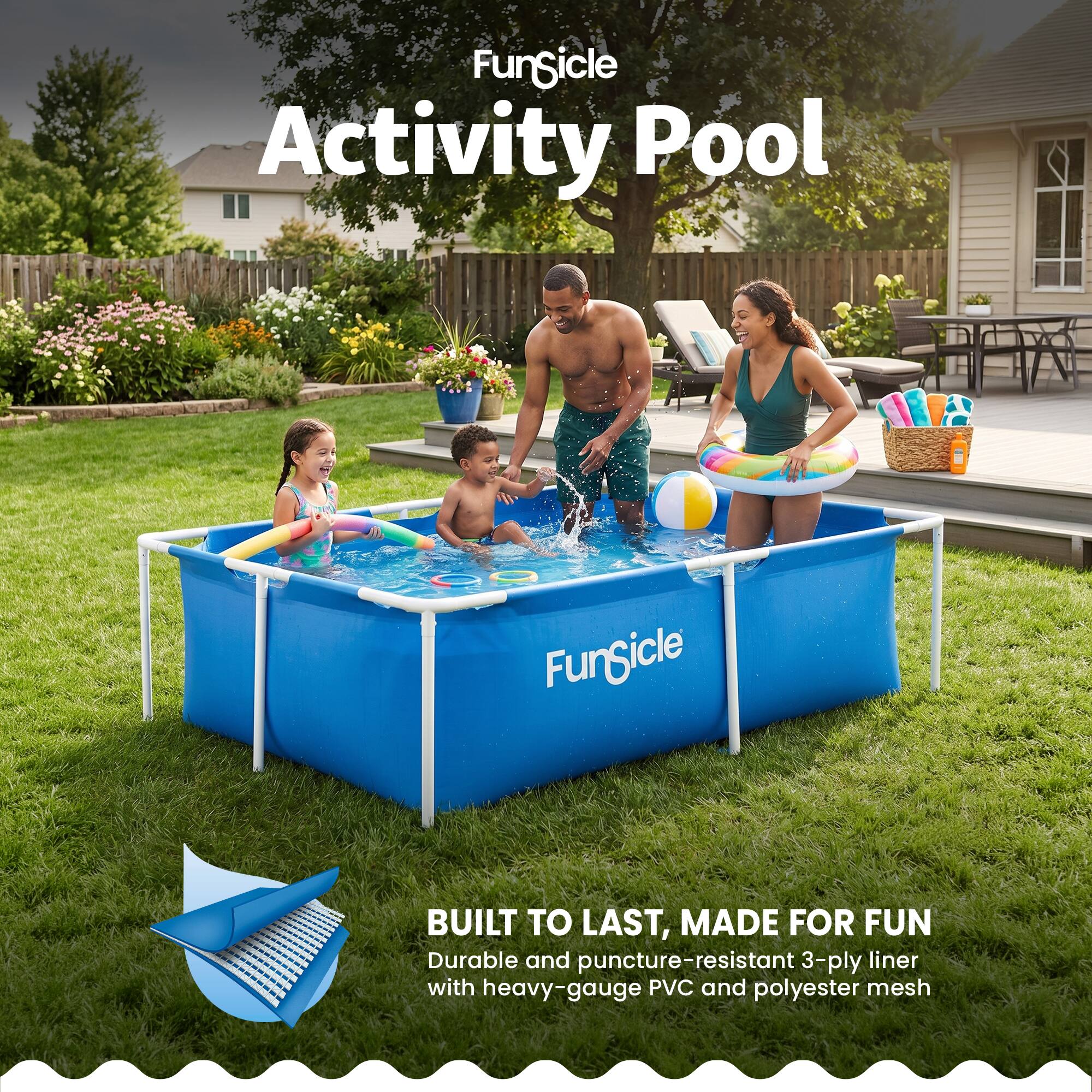 FunSicle Activity Pool

FunSicle BUILT TO LAST, MADE FOR FUN

Durable and puncture-resistant 3-ply liner with heavy-gauge PVC and polyester mesh